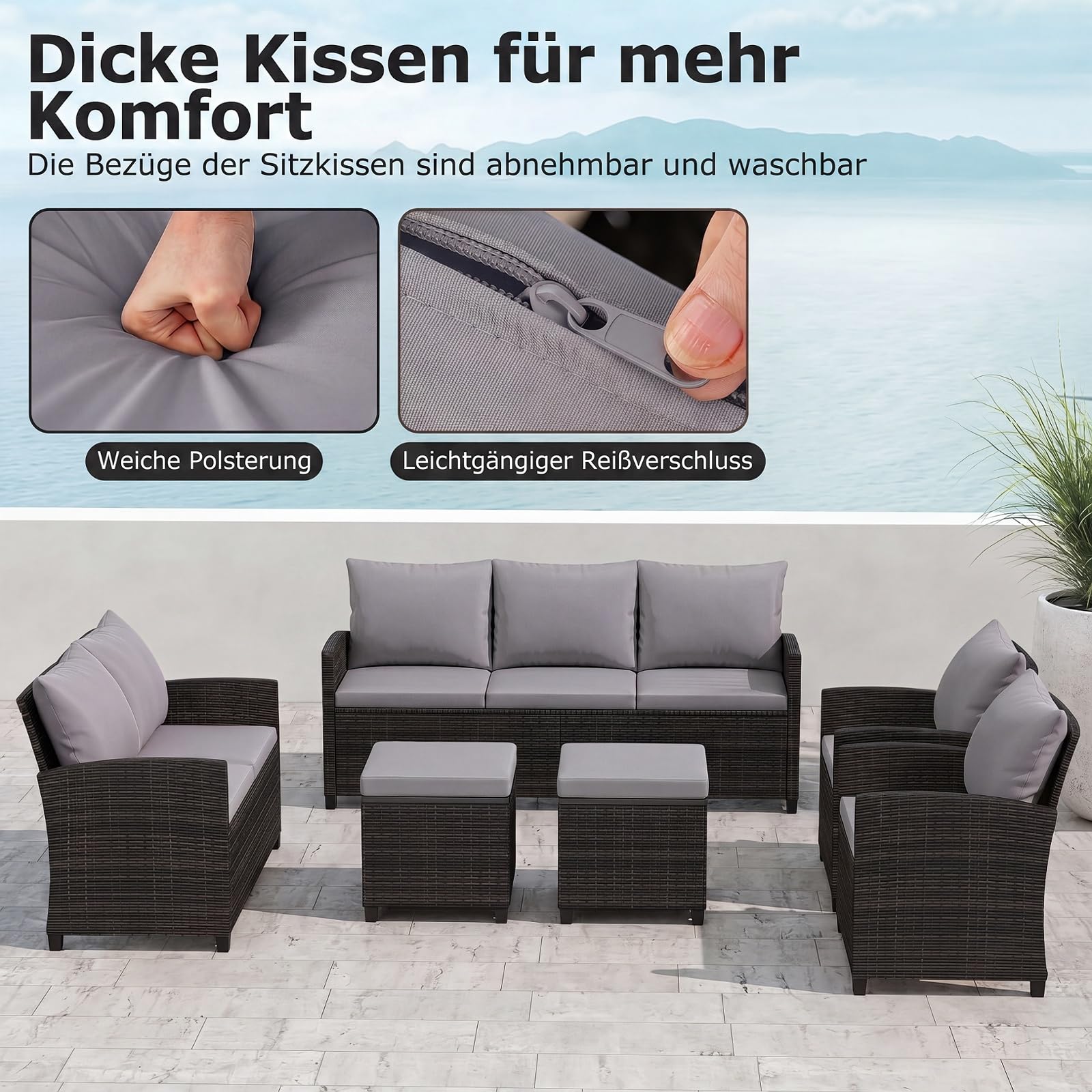 COSTWAY Conjunto Jardín de Ratán de 6 Piezas, Muebles Jardín Exterior con 2 Sofás, 2 Sillones, 2 Reposapiés, 16 Cojines Acolchados, Juego de Conversación para Terraza, Patio, Piscina (Gris)