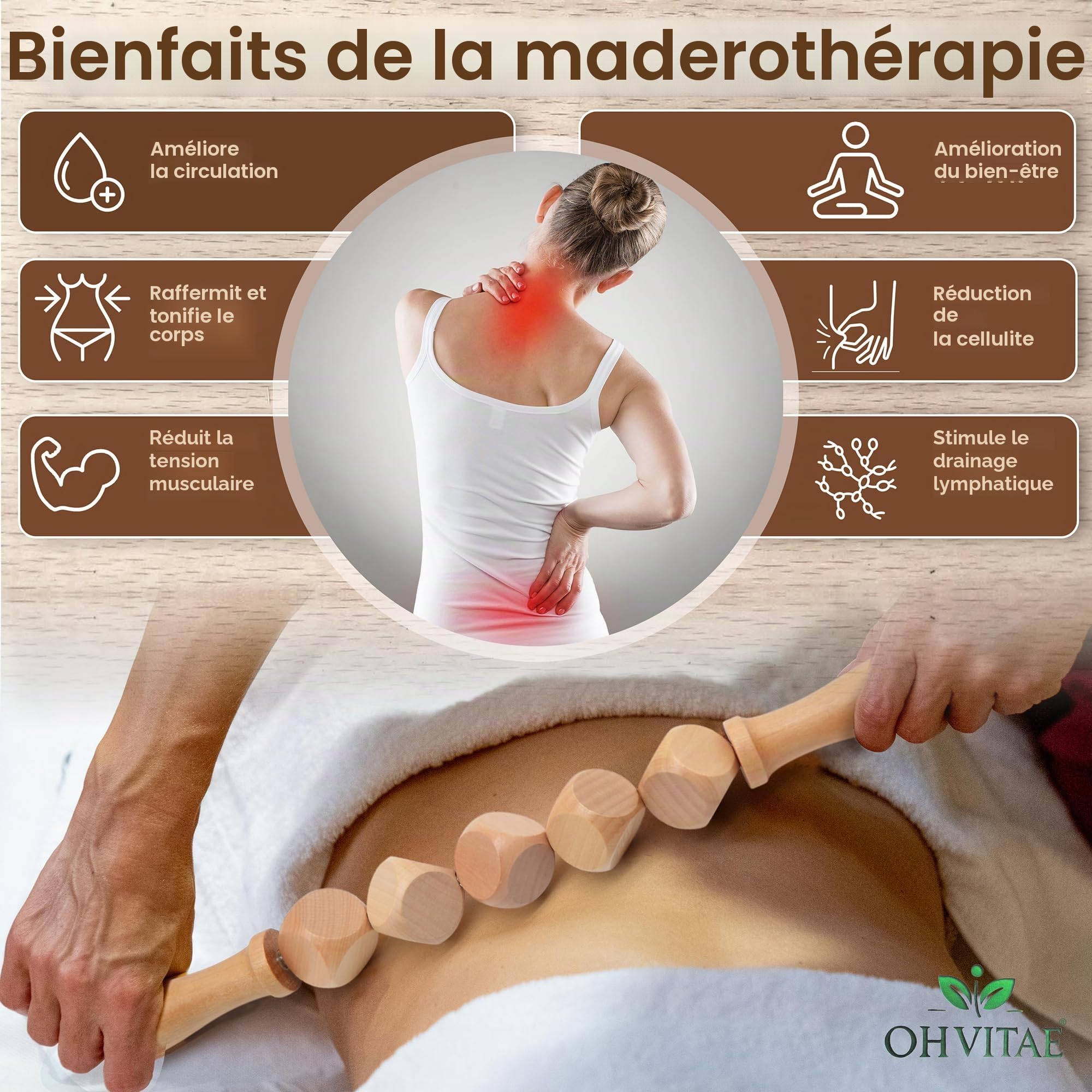 Kit de Madérothérapie en Bois 6 Pièces – Outils de Massage Naturels Anti-Cellulite – Rouleau en Bois, Coupe Suédoise, Champignon et Planche Modelante – Set Massage Corps avec Sac & Guide QR