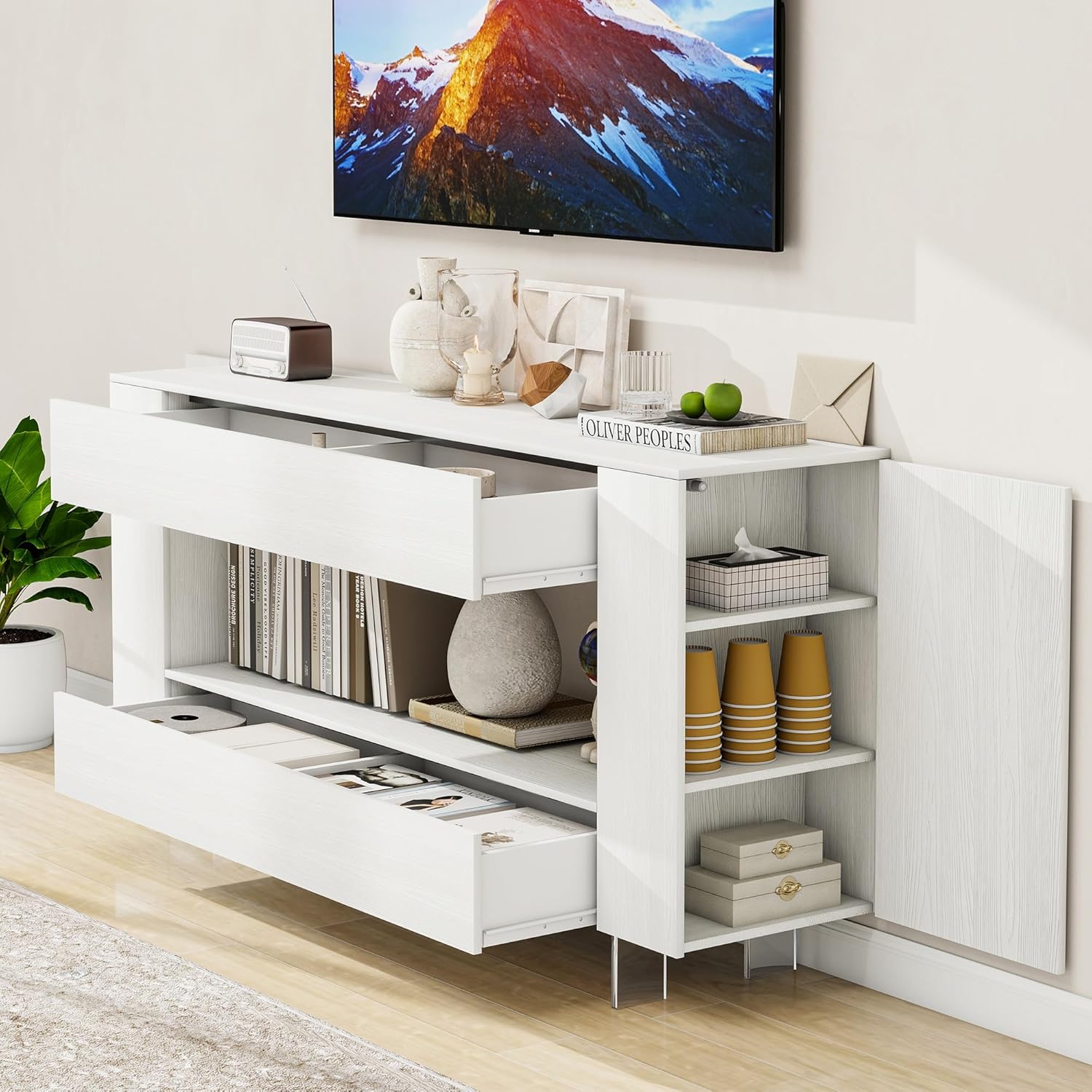 TV Stand for 65 Inch with 2 Large Drawers & Hidden Storage Cabinets, Modern Entertainment Center Television Stands for Living Room Bedroom, White Wood Grain