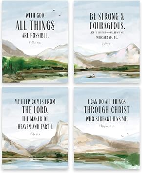Bible Verse Posters Set of 4 - Christian Scripture Wall Art Classroom 8x10 | Mountain prints for home, office & nursery; Joshua 19 & Philippians 413; inspirational religious decor, unframed