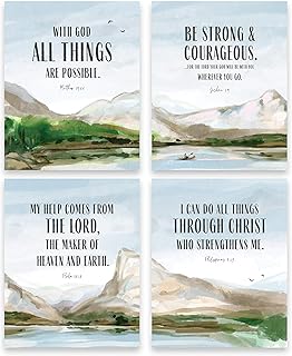 I Can Do All Things Through Christ - Christian Wall Decor - 4-piece Mountain Bible Verses Wall Decor - Watercolor Be Strong and Courageous Wall Art - 8x10 Unframed