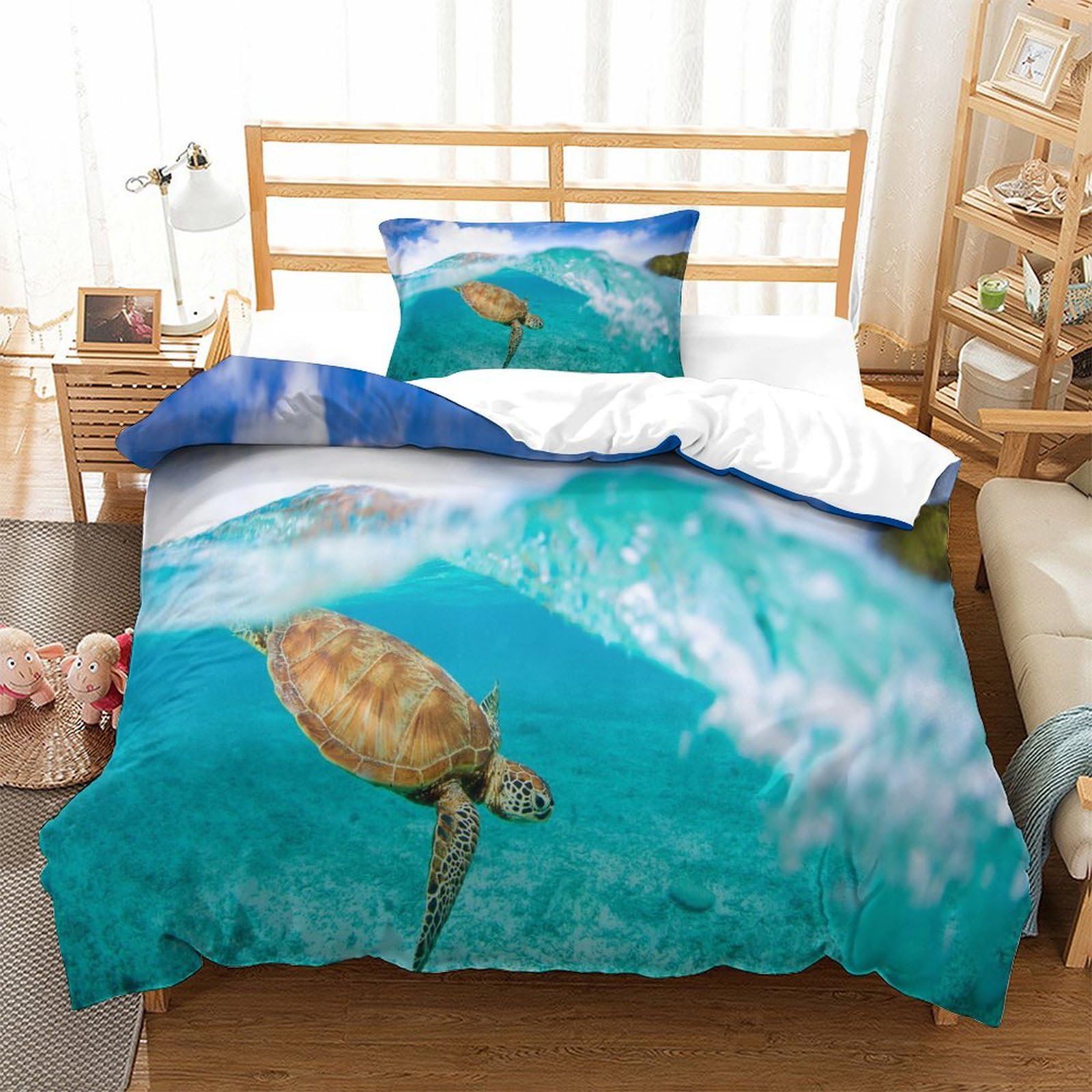 P1s9u7w5y Sea Turtle-7 3D Printed Turtle Ocean 3Pcs Microfiber Duvet Cover Set Coastal Wave Bedding Set Single（135X200cm）