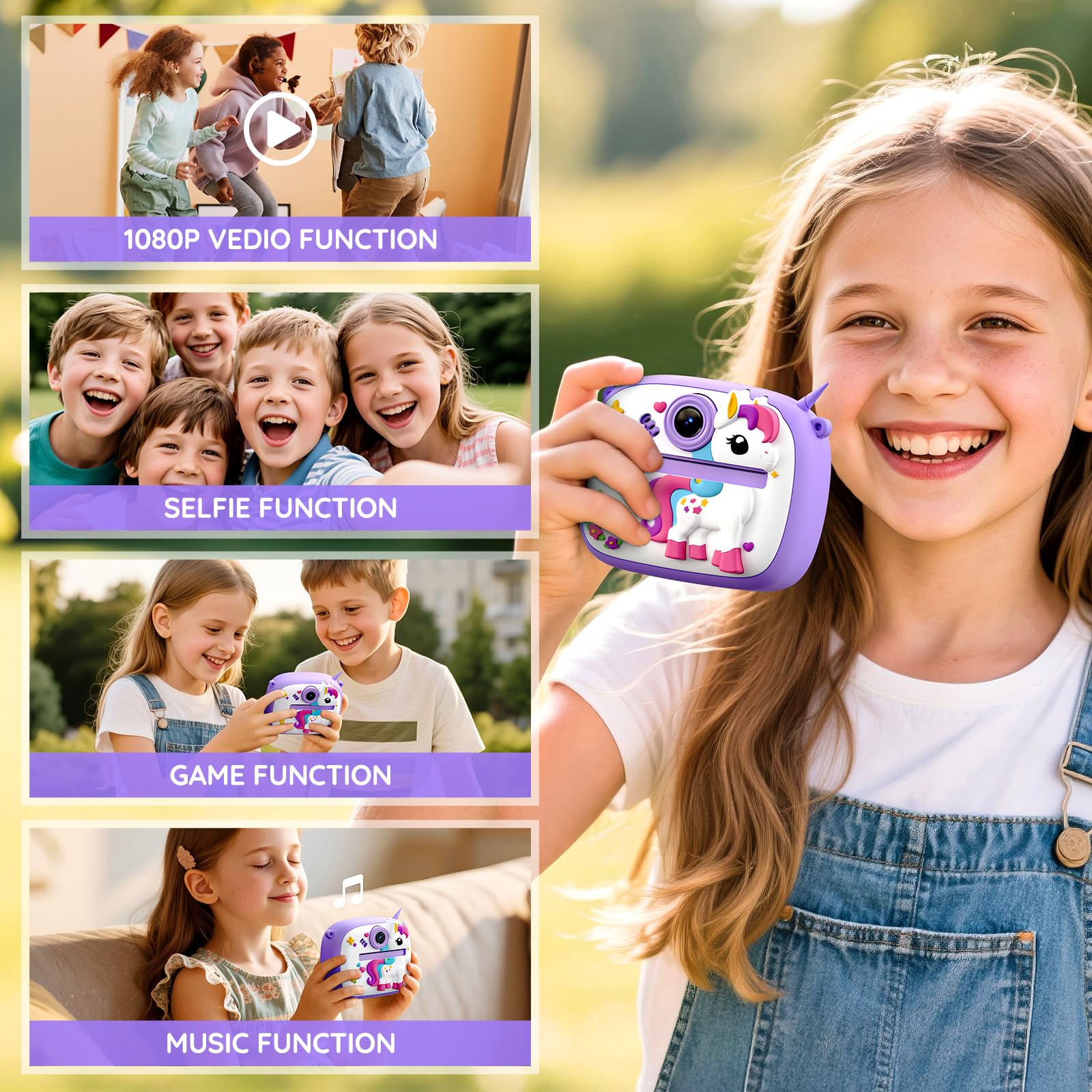 YOZISS Macchina Fotografica Bambini Istantanea, 1080P macchina fotografica istantanea bambini con 3 Rotoli di Carta da Stampa, Regalo per Bambini dai 3 a 14(Pony Viola)