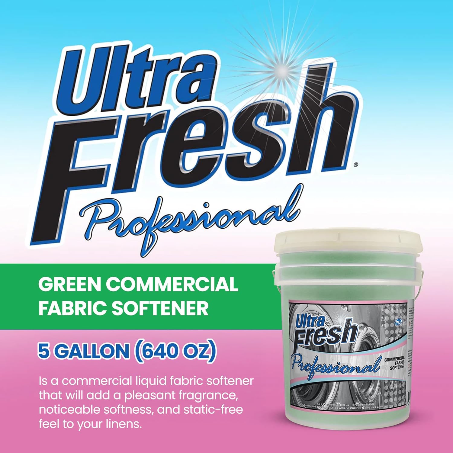 Ultra Fresh Professional 5 Gallon Fabric Softener for Commercial Washing Machines, Liquid Fragrance Booster for Up to 640 Laundry Loads, Fresh Scent