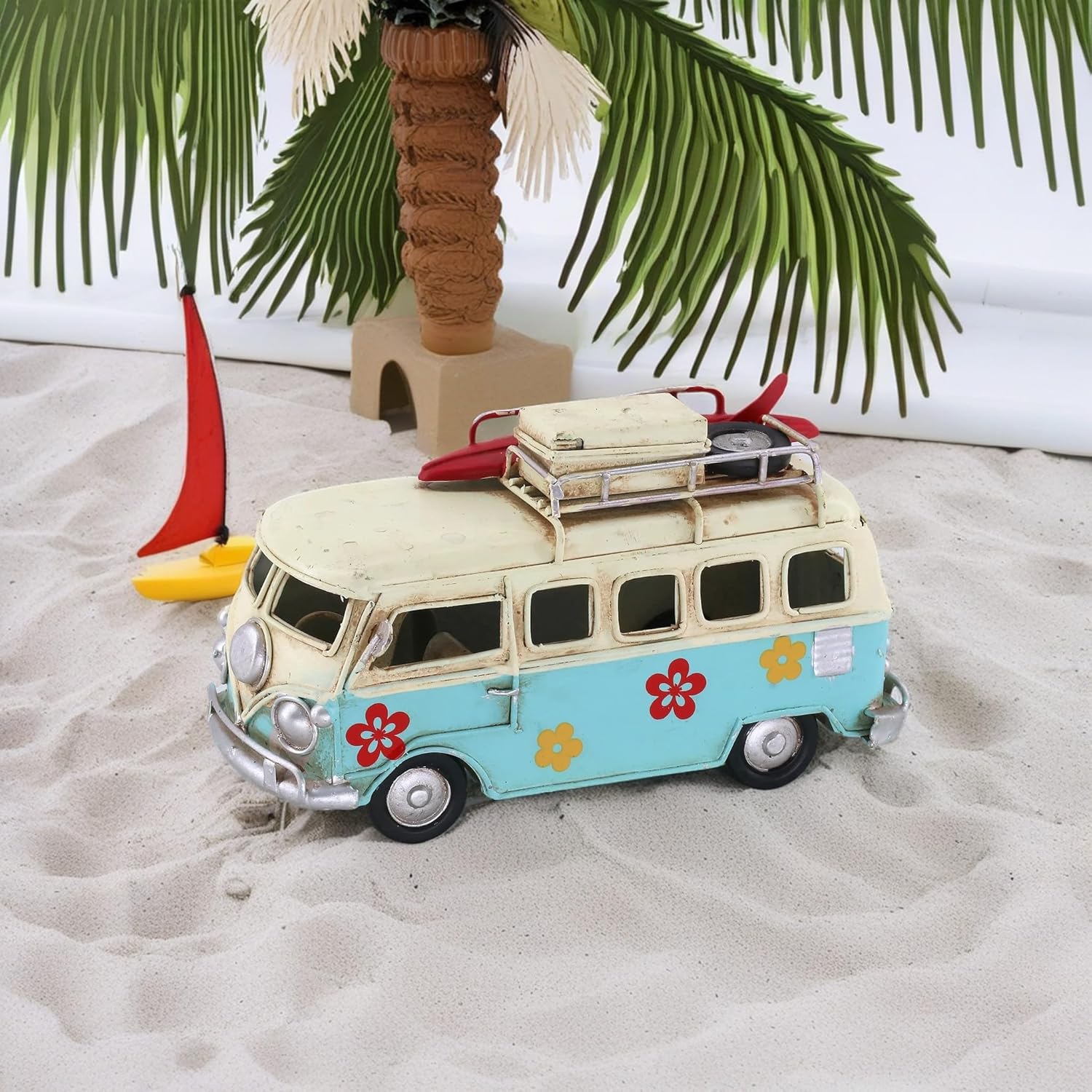 Vintage-Style Miniature Hippie Camper Van Model Tropical Theme Flower Decals 6.5inches Beach Bus Home Decor Gift for Boys Kids Hippie Van Ornament (Light Blue)