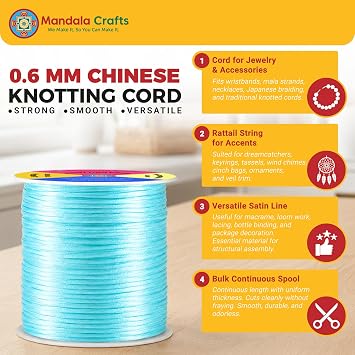 Mandala Crafts 0.6mm Aqua Rattail Satin Cord for Macrame Chinese Knotting