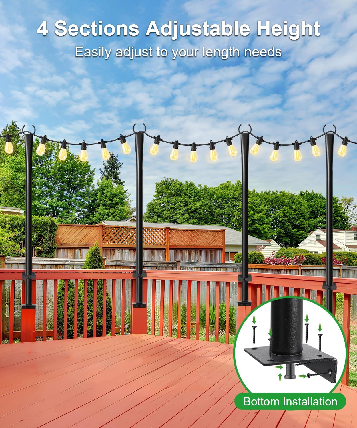 4 Pack String Light Poles for Deck, 5Ft Heavy-Duty Metal Deck Light Poles for Outside with Fixing Clips, Lighting Hanging Post Accessories for Patio Decor Garden Backyard Yard Fence Porch Decorations