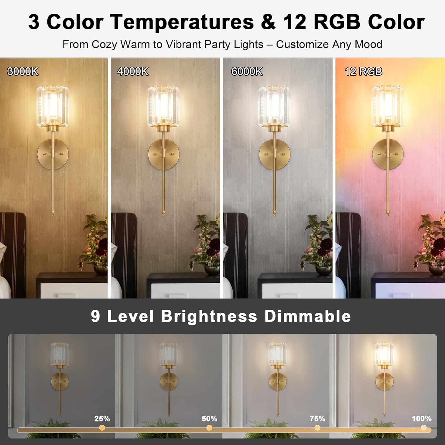 Rechargeable Wireless Wall Sconce Set of 2, Crystal Battery Operated Wall Sconce with Magnetic Bulb, Dimmable 3CCT & 12 RGB Gold Sconces Wall Lighting for Bedroom Living Room Hallway Bathroom