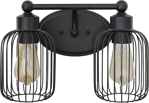 Elegant Designs VT1021-BLK - Jaula de pájaros de metal ligero de 14 pulgadas con 2 luces de metal con tocador ovalada de metal a juego, color negro