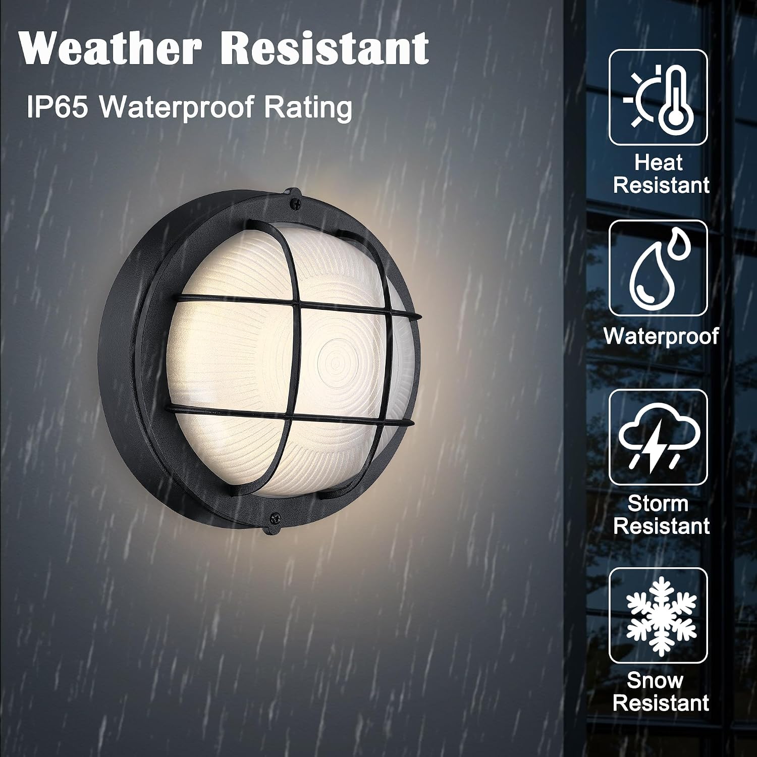 Round Bulkhead Light Fixture, Dimmable Outdoor Wall Lantern, LED Nautical and Sauna Light, 15W 1500 Lumens 3000K, Black Aluminum Housing with Frosted Glass, 1-Pack