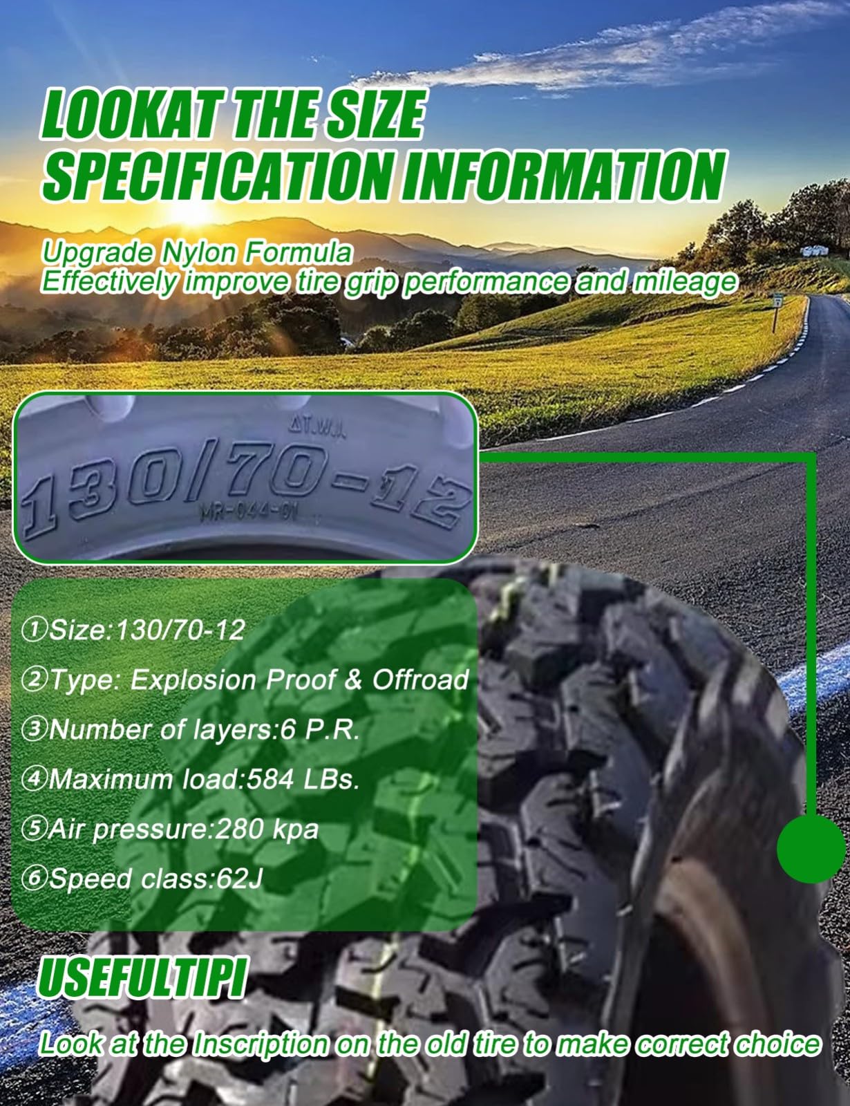 Opona 130/70-12 bezdętkowa do skutera, 62 J, przednia felga 12 cali, 280 kPa, nośność 260 kg, opona 130/70/12, offroad, odporna na zużycie, 130/70/12