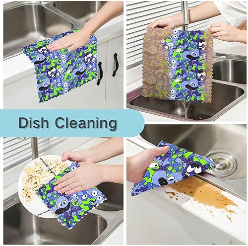 Miniatura 2 de linqin Purple Green Doodle Monsters Aliens Soft Decor Kitchen Towels and Dishcloths Sets Quick Dry 6 Pack Microfiber Drying Towels for Car