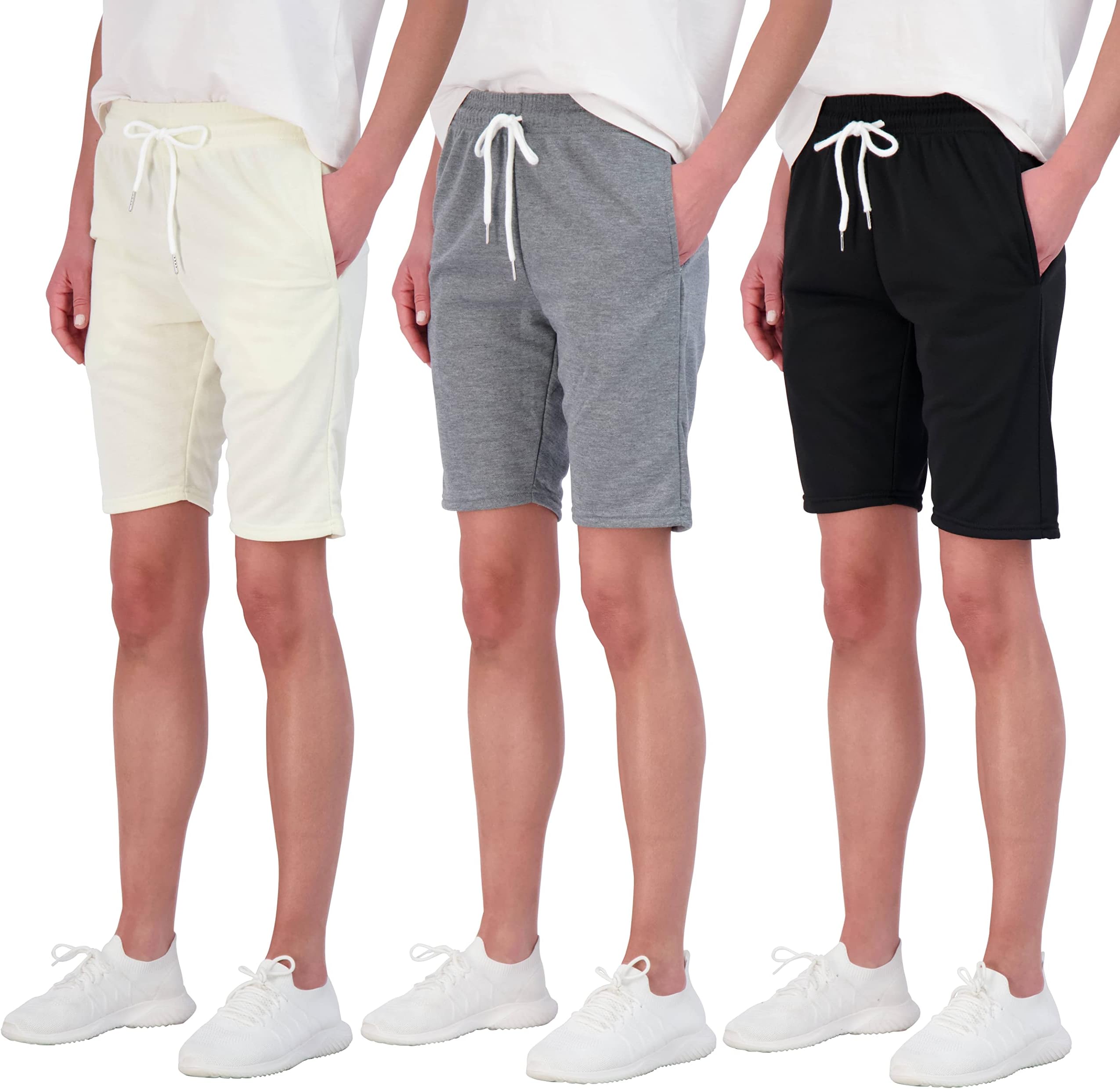 Real Essentials 3 Pack: Womens Just My Plus Size Cotton French Terry 9" Bermuda Short Pockets Ladies Knee Length Summer Casual Yoga Lounge Athletic Long Hiking Knee Length Workout Shorts- Set 4, 1X