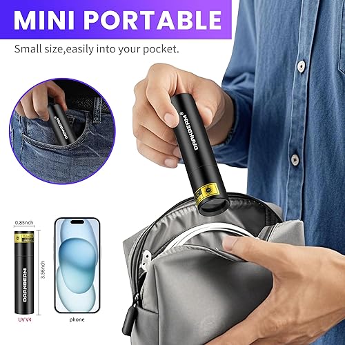 Miniatura 6 de DARKBEAM Linterna UV de 365 nm Mini luz negra – recargable USB fuerte ultravioleta LED linternas, lámpara de madera portátil, detector