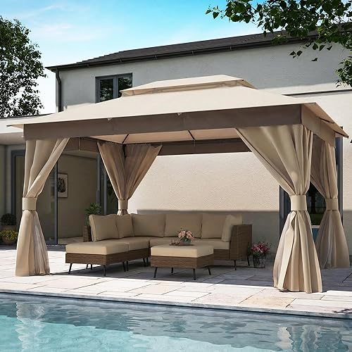 LAUSAINT HOME Semi-Permanent Outdoor Patio Gazebo 10'x13', Heavy Duty Party Tent Shelter with Double Roofs, Mosquito Nettings and Privacy Screens for Backyard, Garden, Lawn, Khaki