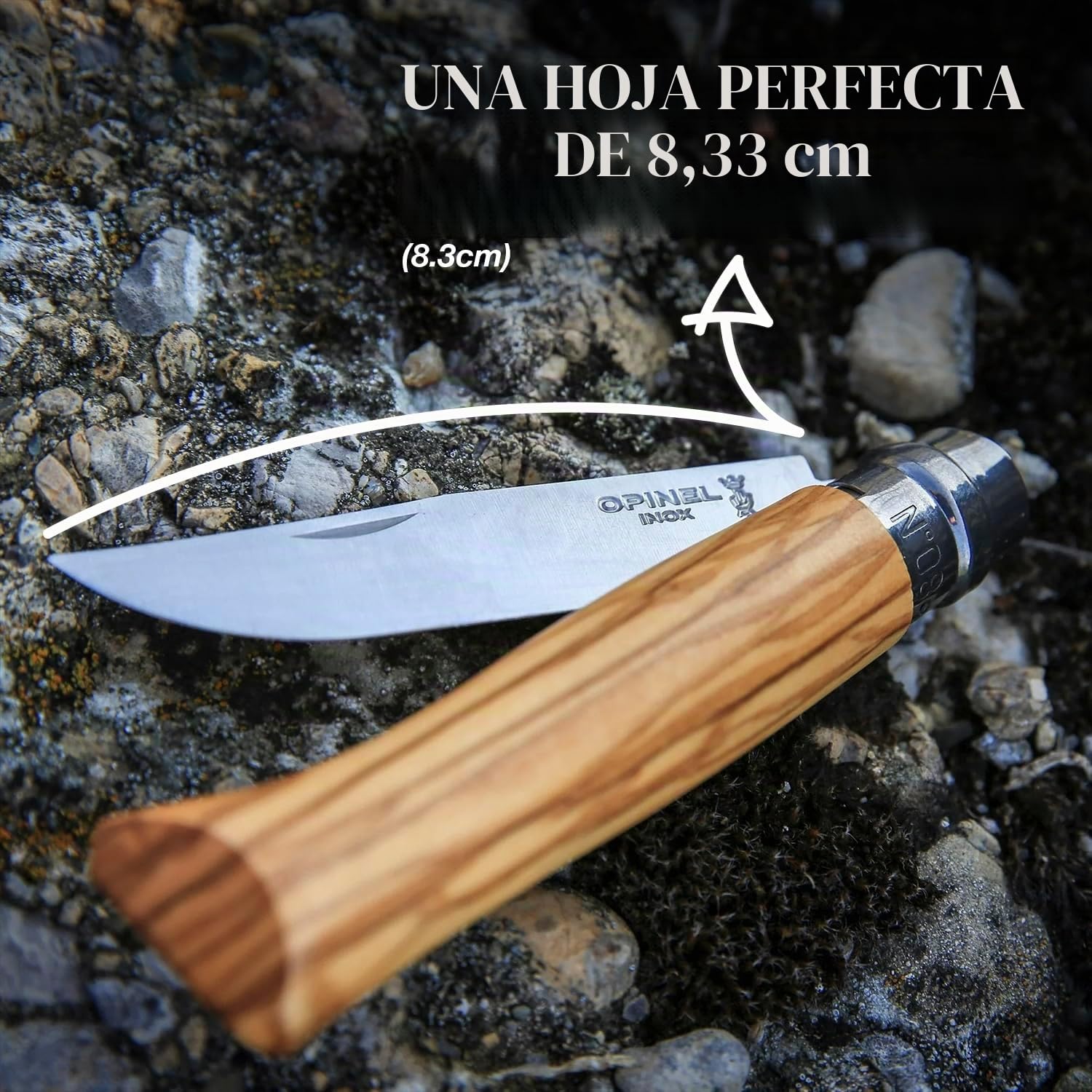 Opinel - N°08 Olivo Cuchillo de Bolsillo Versátil + Funda Alpine - Hoja de 8,5 cm de Acero Inoxidable - Mango de Olivo - Anillo de Seguridad Virobloc - Fabricación Francesa