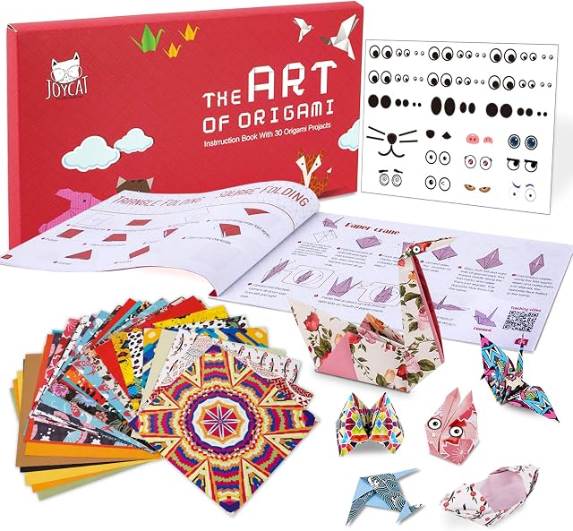 JoyCat Origami Paper Kit, 90 Sheets Double Sided Origami Paper, Kaleidoscope, Japanese and Animal Patterns, 30 Origami Projects Craft Guiding Booklet for Beginner Training and School Craft Lessons