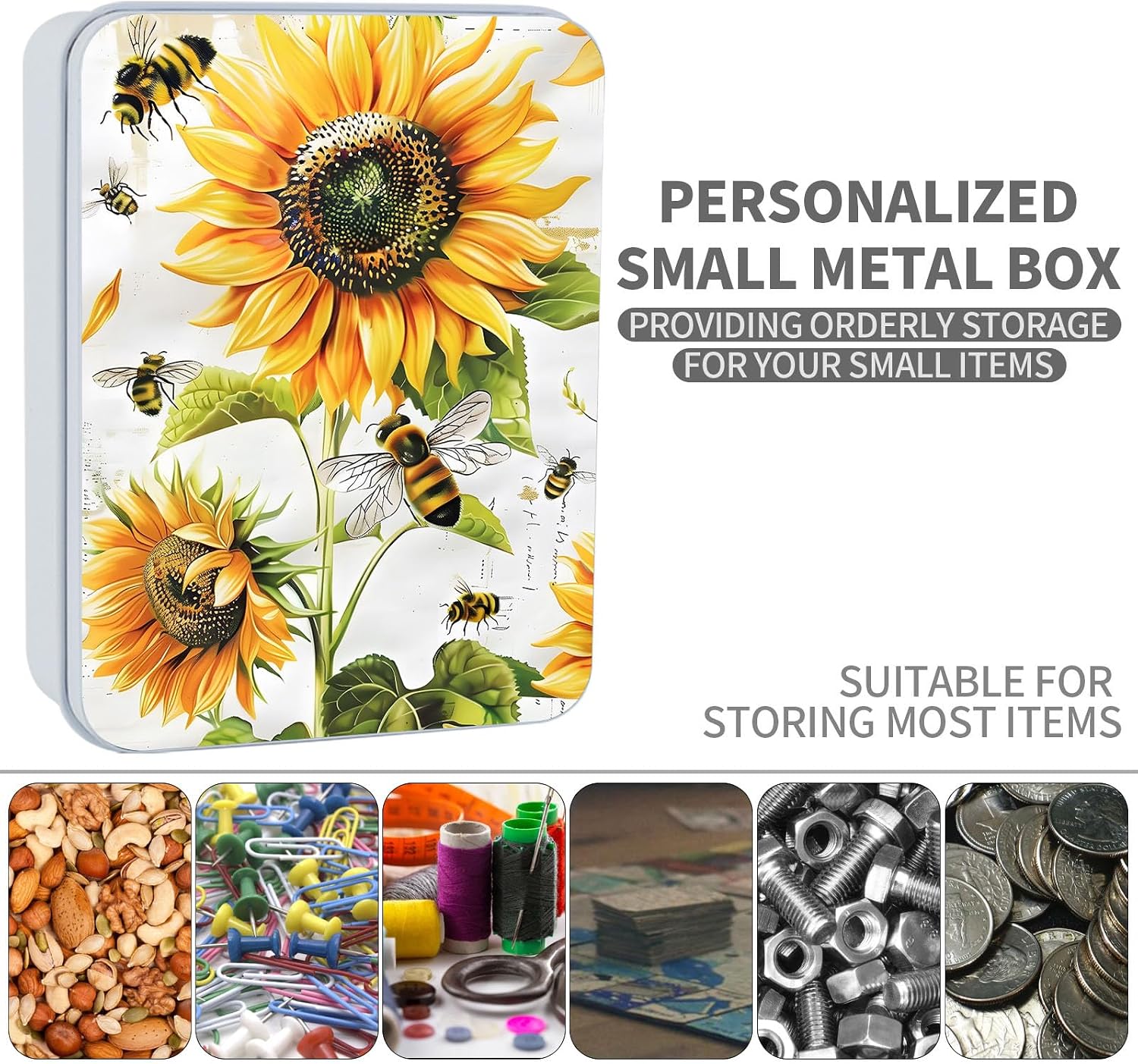 Metal Tin Box Sturdy Metal Storage Box with Lid, Large Container Holder for TCG Cards,Car Keys,Cookies,Tin Containers for Gift,5.0x3.7x1.6 Inch,Exquisite Pattern Design(Bee Sunflowers) image 2