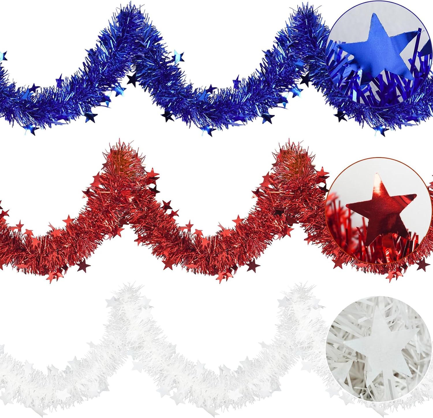 TORONTOKYO 98FT 3 Pieces 4th of July Tinsel Garland, Red White and Blue Patriotic Garland Shiny Star Metallic Garland for Independence Day Tree Stairs Mantle Outdoor Indoor Party Supplies