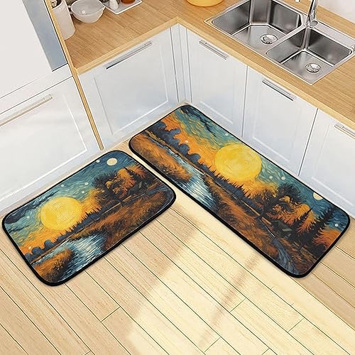 Miniatura 2 de ZENWAWA Hermoso juego de 2 tapetes de cocina de otoño para granja, alfombras de cocina de pelo bajo, acolchadas, absorbentes de agua, lavables, para