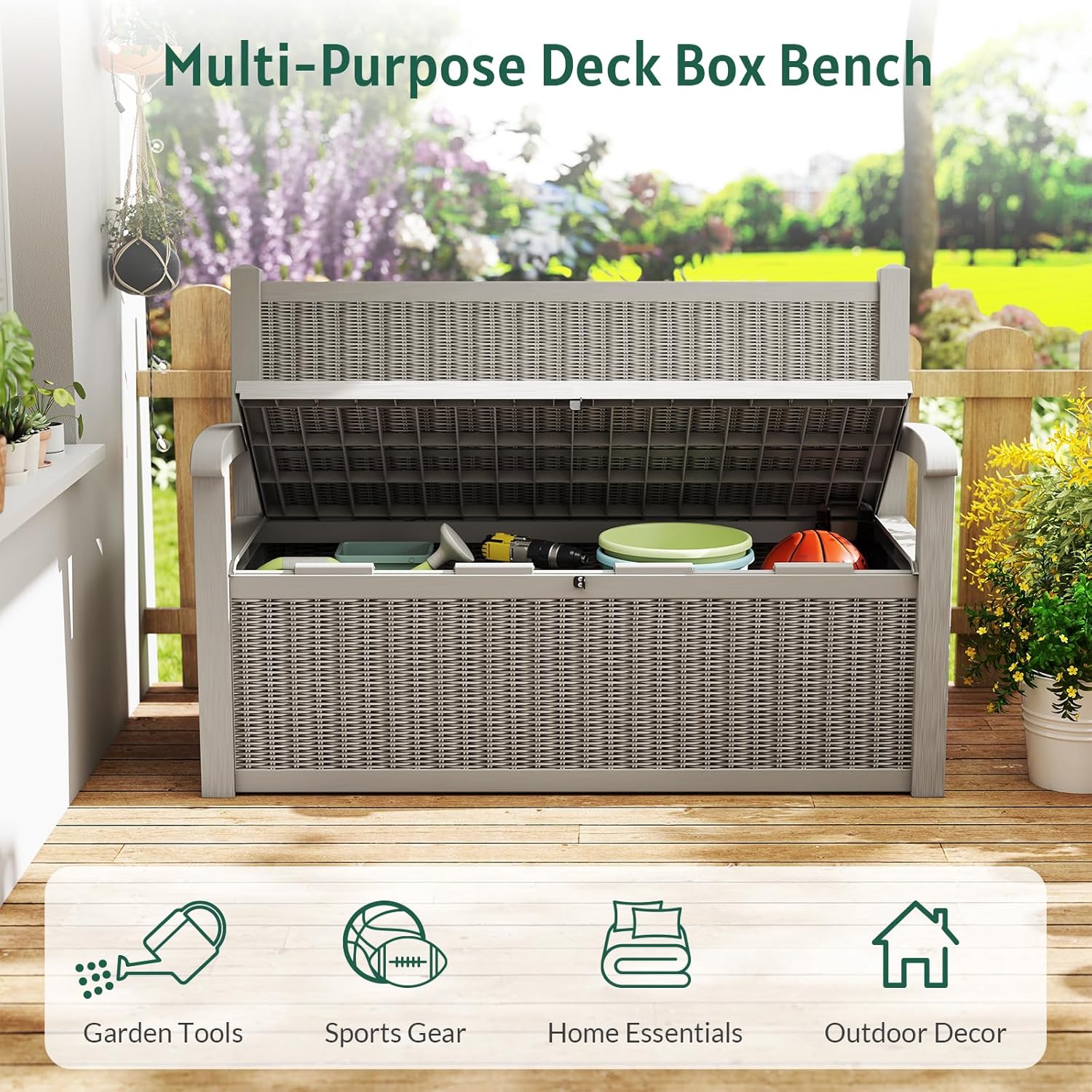 70 Gallon Storage Bench Deck Box,Patio Storage Benches with Armrest, Lockable Bench Outside, Waterproof for Pool Patio Garden (Grey)