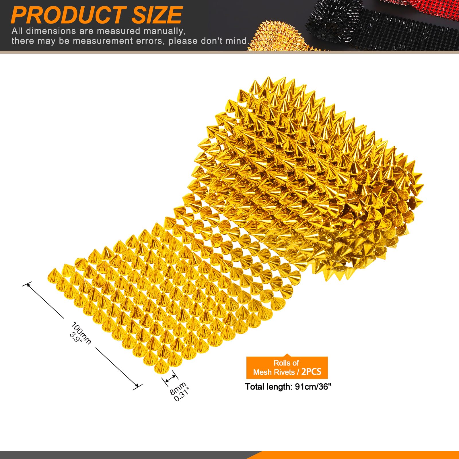 Rustark 2Pcs 2 Yards Sew Stitch On Spike Stud Set, Gold Spikes Mesh Rivets Flat Back Spike Studs Pointed Spike Studs Trim Bead Spikes for Punk Rock Clothing DIY Craft Decor