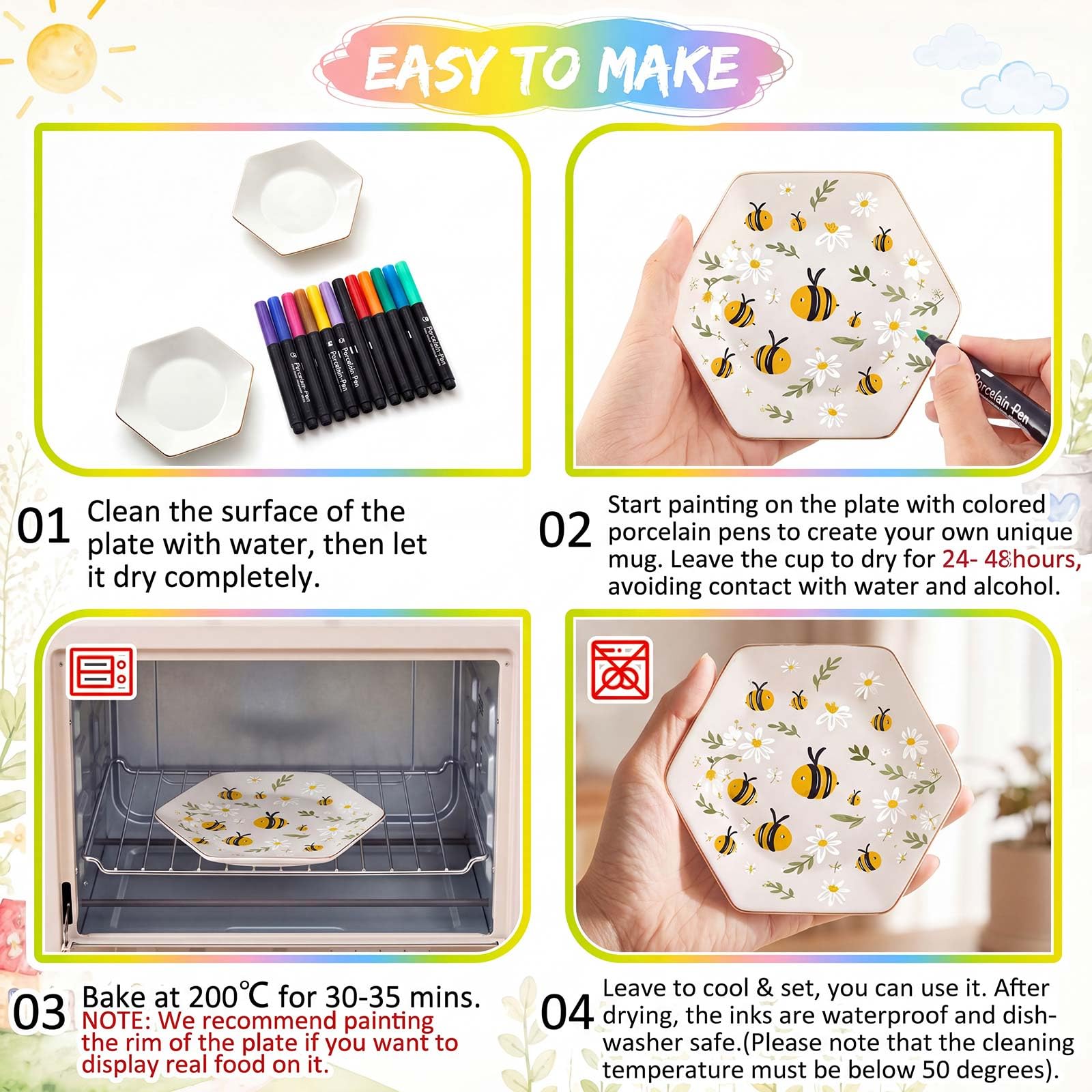 Sinmoe Set di Pittura Ceramica DIY 2 Piatti in Ceramica Vassoio da Portata Bianco 12 Penne in Porcellana per Lavastoviglie 2 Espositori e 1 Scatola Regalo per Pasqua Coppie Amici Famiglie (Esagonale)