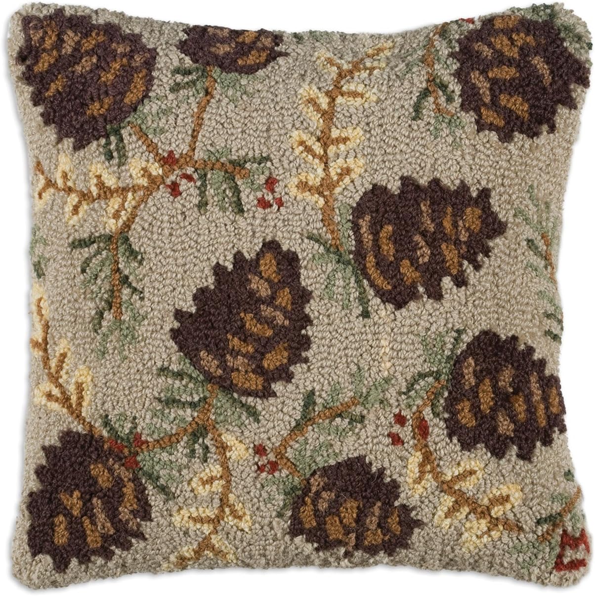 Artist-Designed Northwoods Cones Hand-Hooked Wool Decorative Throw Pillow (18 in x 18 in) Lake & Lodge Pillow for Couches & Beds - Low Maintenance Square Cabin Home Décor