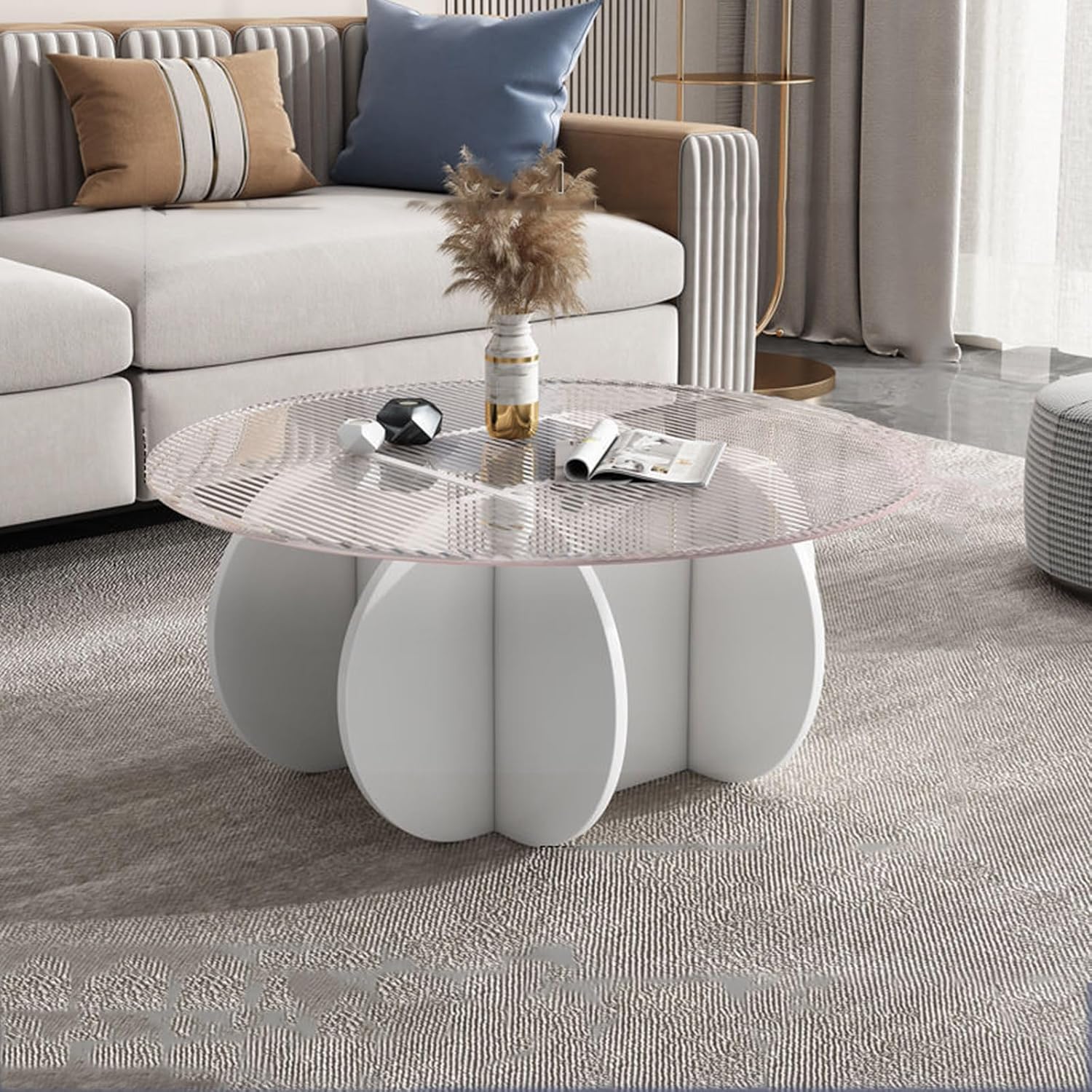 ラウンドコーヒーテーブル ガラスコーヒートップ、無垢材ベースと