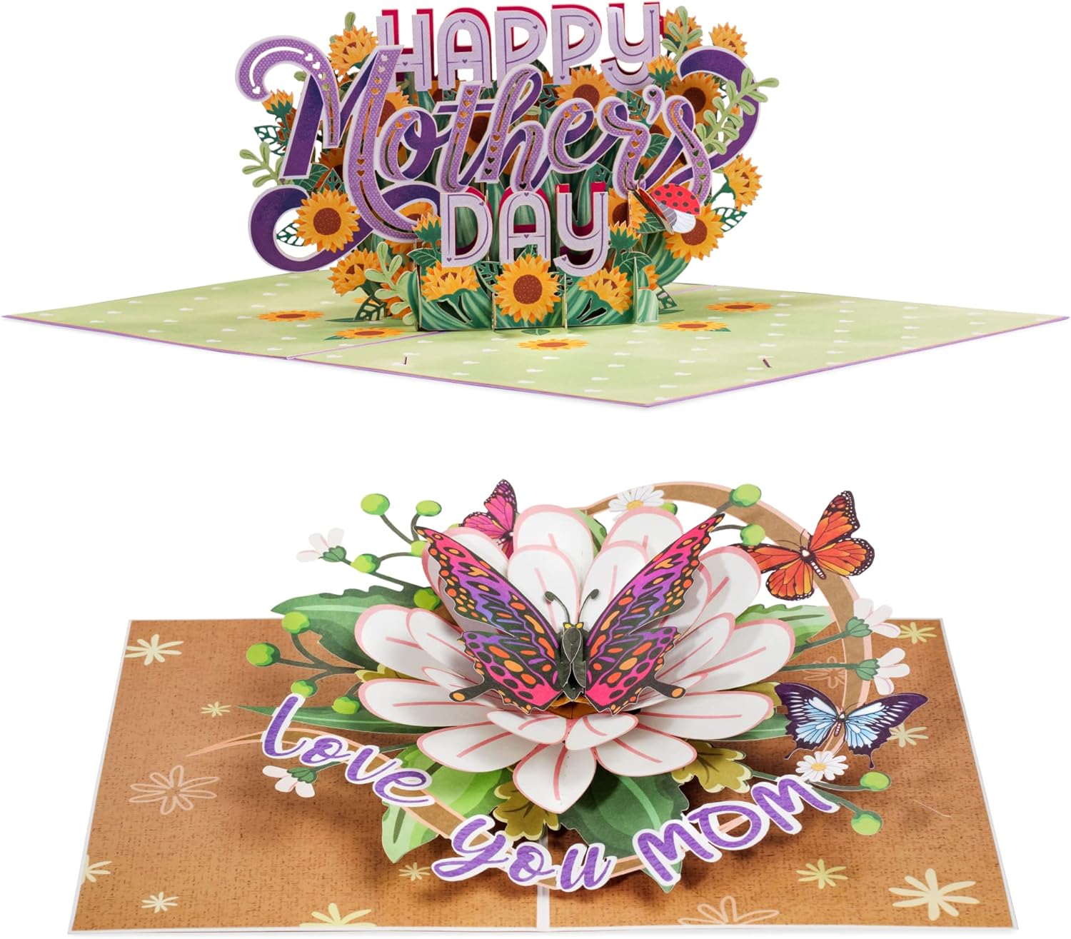 Paper Love Mothers Day Pop Up Cards 2 Pack - Includes 1 Happy Mothers Day and 1 Love You Mom Butterfly, For Mother, Wife, Anyone - Includes Envelope and Note Tag