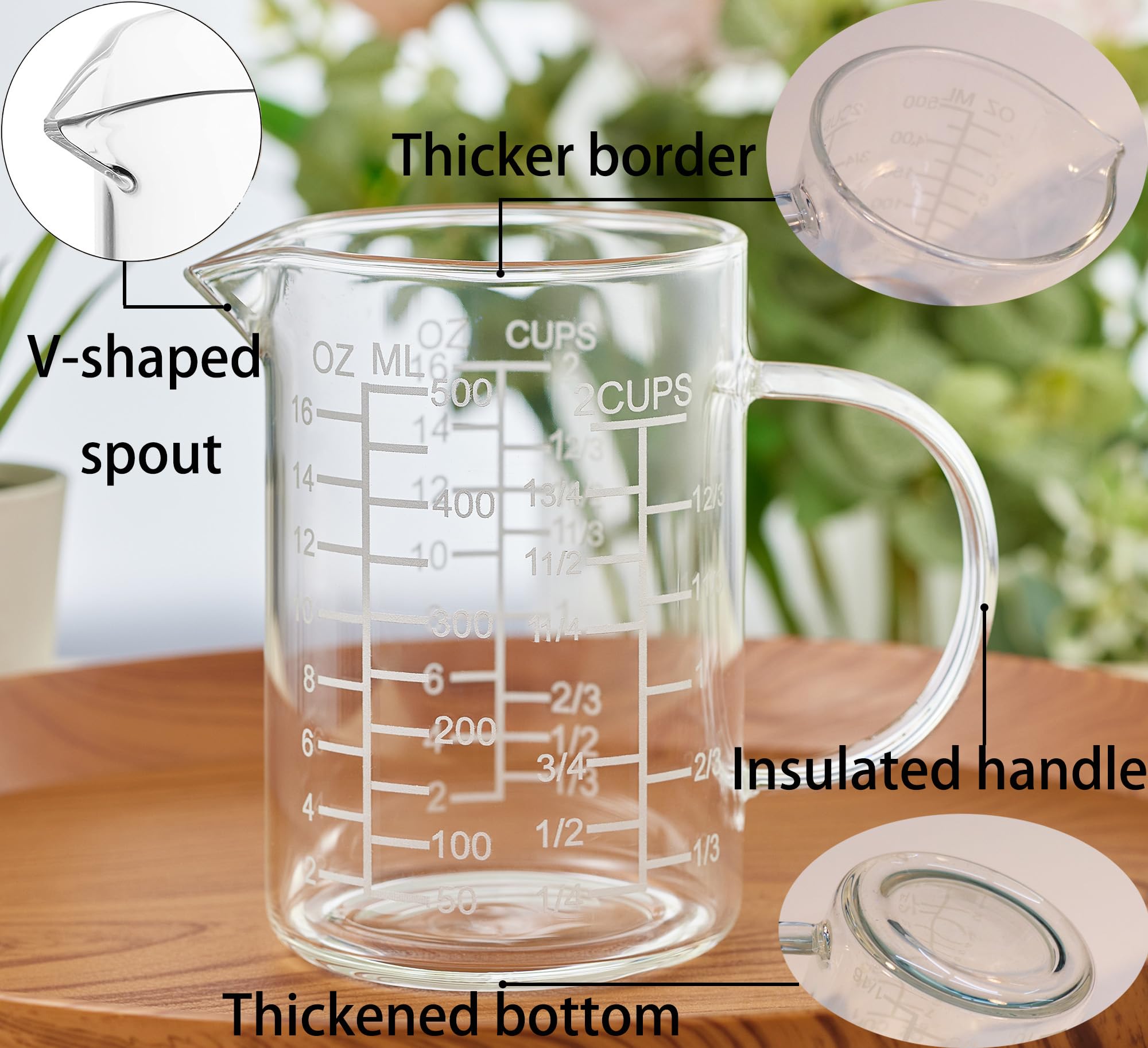 Ackers BORO3.3 Messbecher aus Glas mit Ätzskala, isolierter Griff, V-förmiger Auslauf, Messbecher aus hochwertigem Borosilikatglas, Messbecher für Küche oder Restaurant, leicht zu lesen, 500 ml, 2