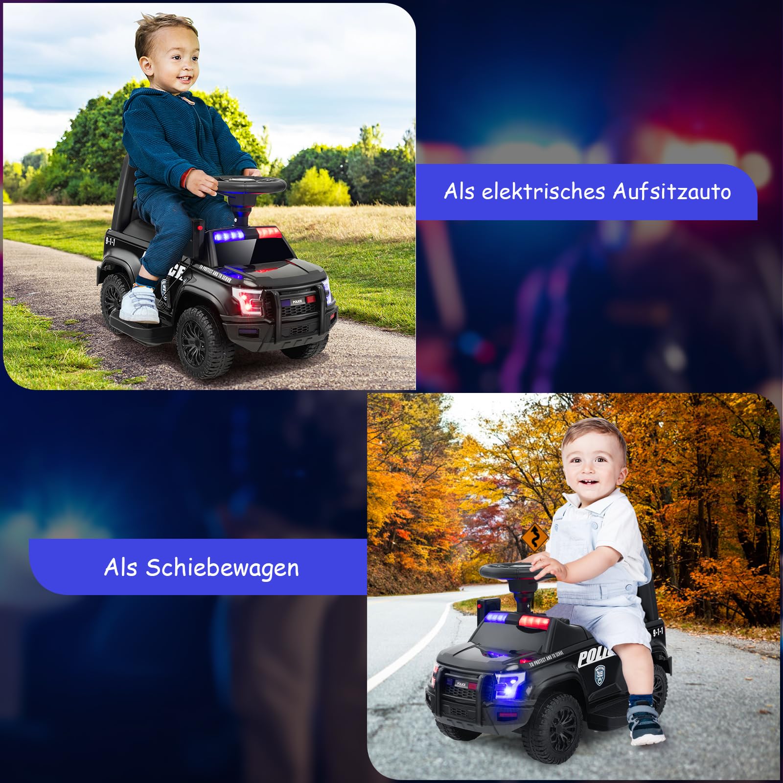 GOPLUS Kinder Elektroauto Polizei, 6V Kinderfahrzeug mit Megaphon, Sirenengeräuschen und Lichtern, Kinderauto mit Musik, Geschenk für Jungen und Mädchen im Alter von 18-60 Monaten (Schwarz)