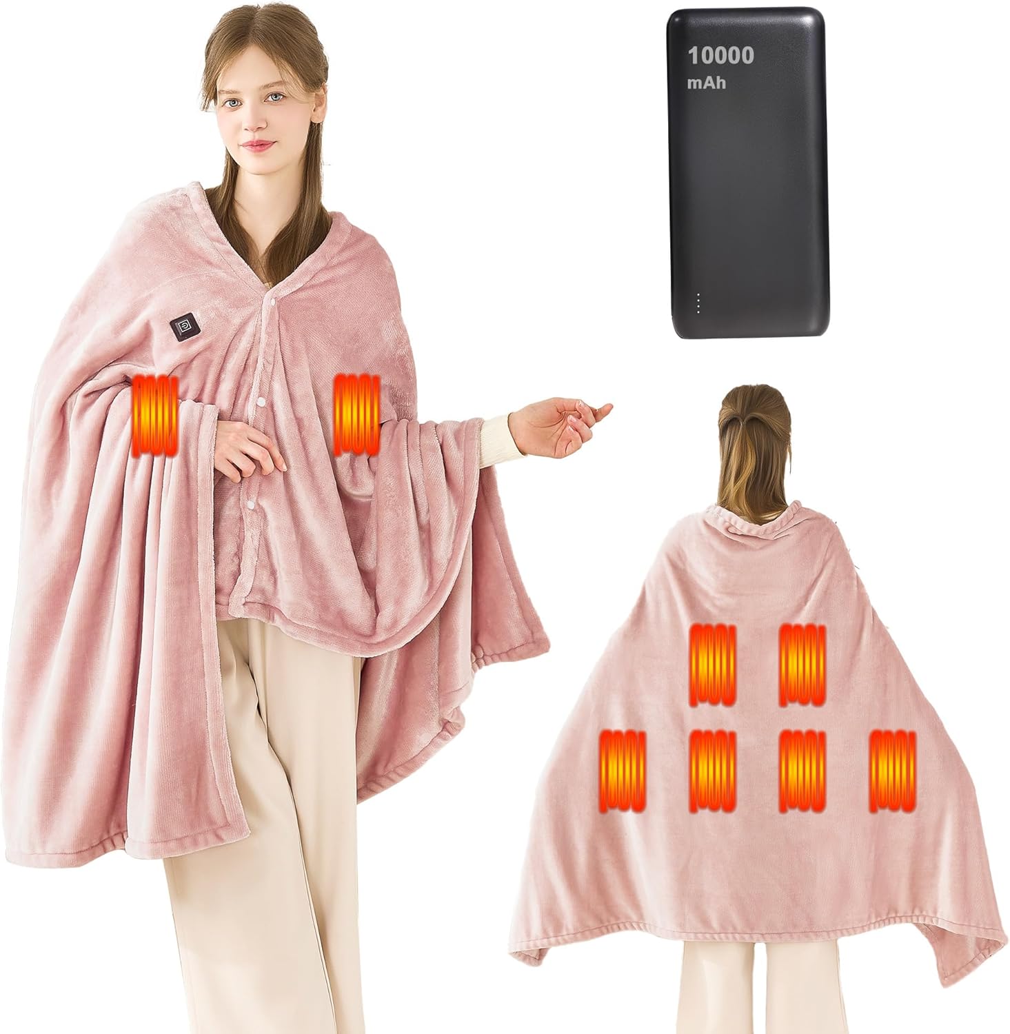 MAXEVE Heated Blanket Cordless Electric Wearable Blanket with 10000mAh Power Bank, USB Heating Throw Blanket, Fleece Throws Women Men Heating Hoodie for Indoor Outdoor, Camping Machine Washable, Pink