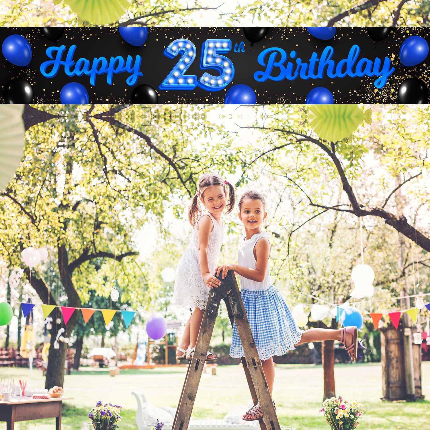 Happy 25th Birthday Backdrop Banner - 9.8x1.6ft Black Photo Booth Background For Party Decorations