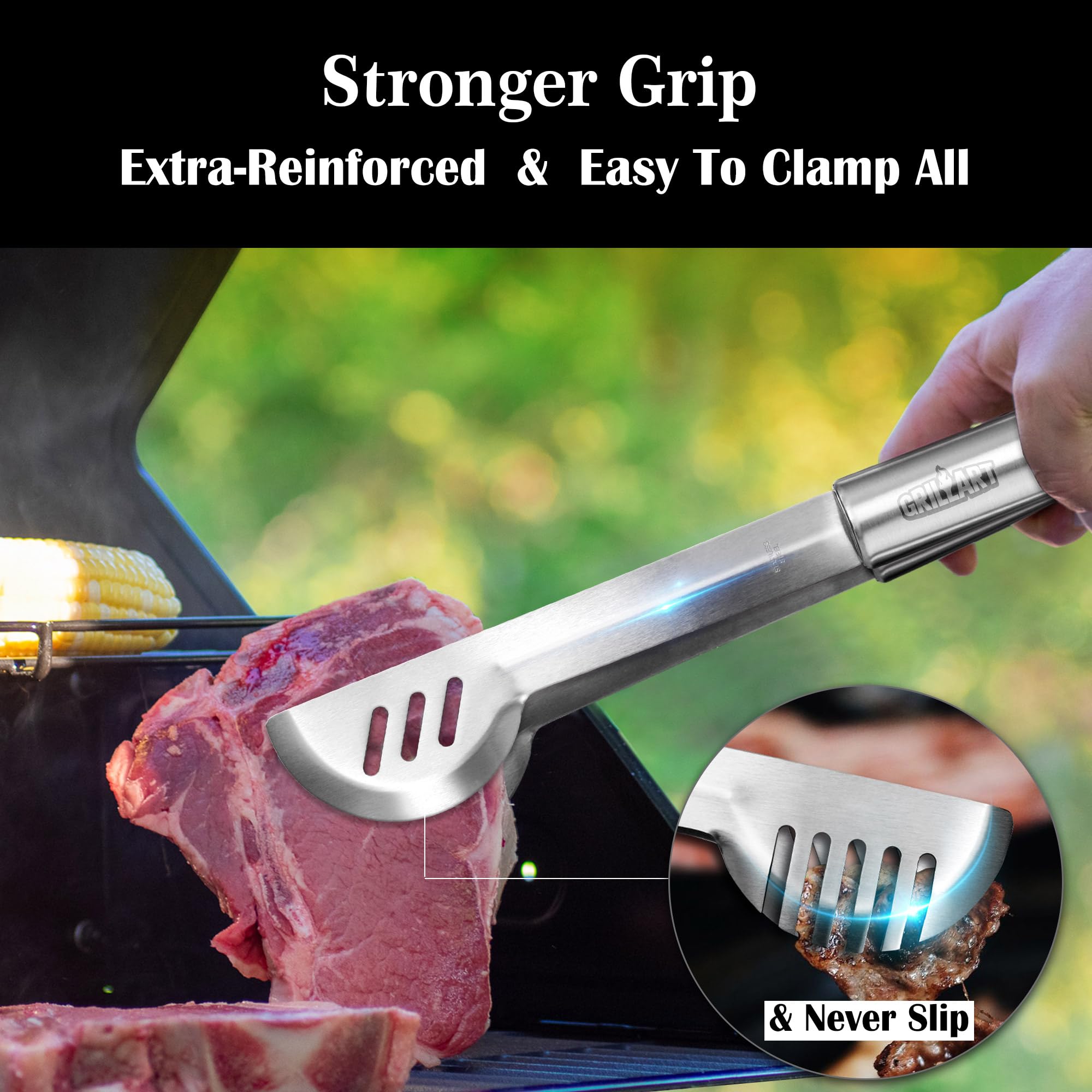 GRILLART Zestaw narzędzi do grillowania – wzmocnione szczypce do grilla, 19-częściowy zestaw akcesoriów do grillowania ze stali nierdzewnej, z aluminiową walizką do przechowywania, kompletny zestaw do