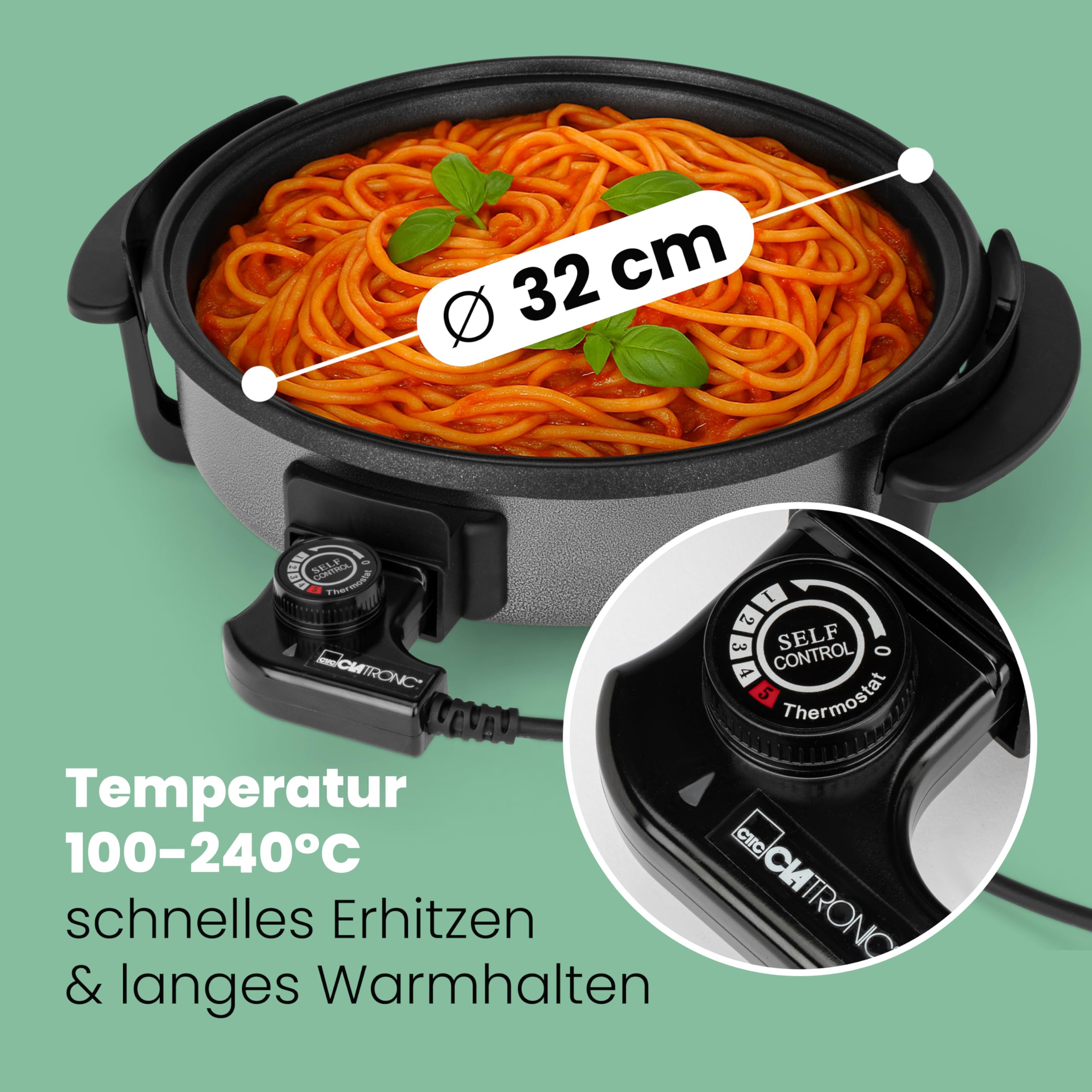 Clatronic PP 3401 - Sartén eléctrica con tapa de cristal, diámetro 32 cm, 1500 W, color negro