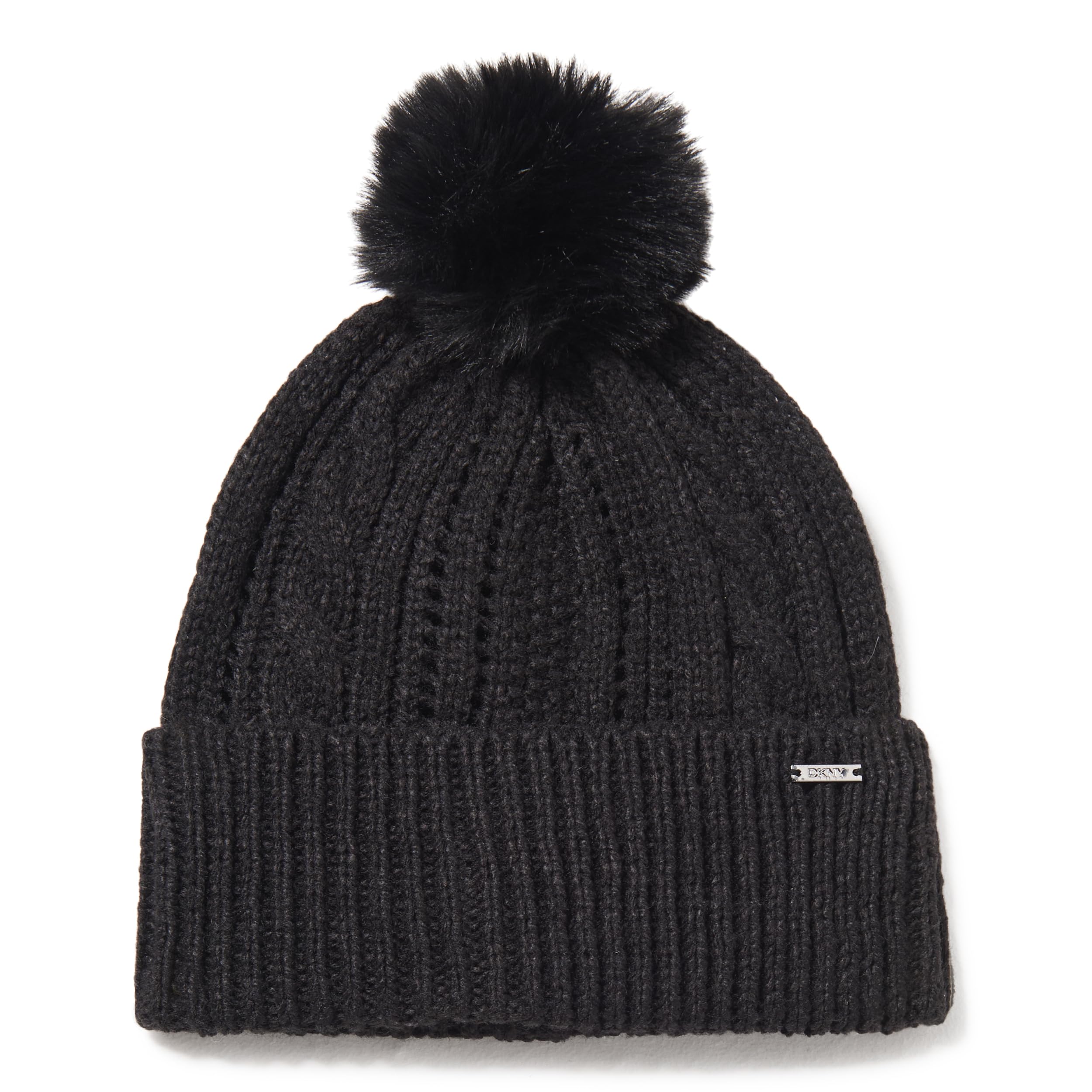 DKNY Bonnet en Tricot torsadé avec Pompon en Fausse Fourrure pour Femme