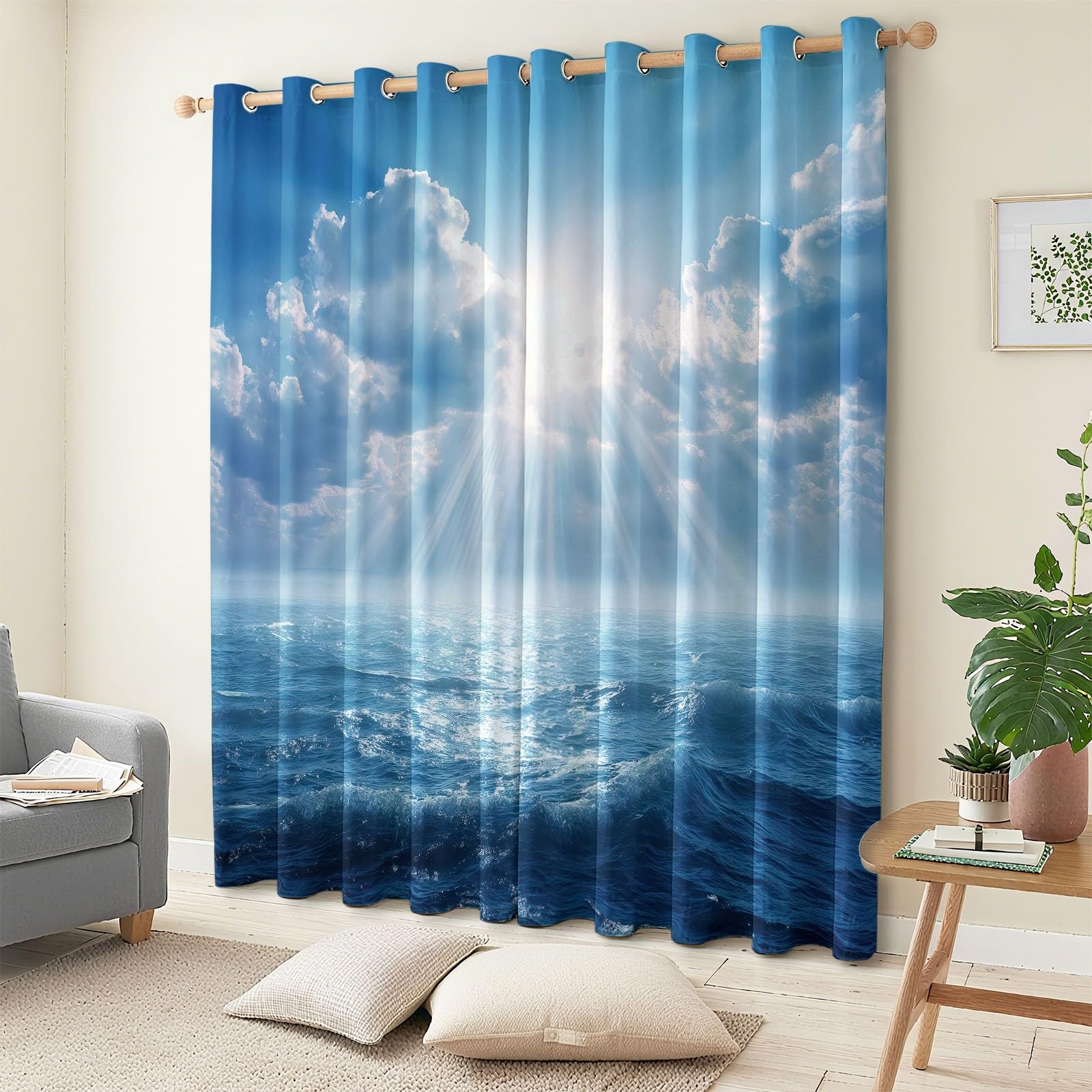 Rideaux Occultants Bleu Lot de 2 117L x 229H cm Rideaux Occultants Ciel Bleu Nuages Blancs Mer Vagues avec Isolation Thermique, Rideau en Polyester Insonorisant pour Décoration Salon Chambre