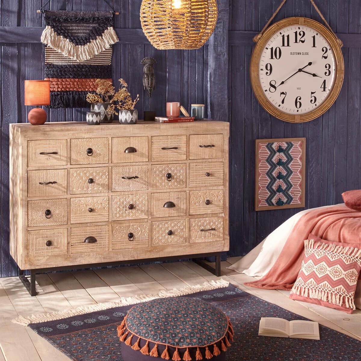 Lampada Da Tavolo Timeo Blu Opaco Atmosphera | Ceramica H24,5 Cm Con Paralume In Cotone | Attacco E14