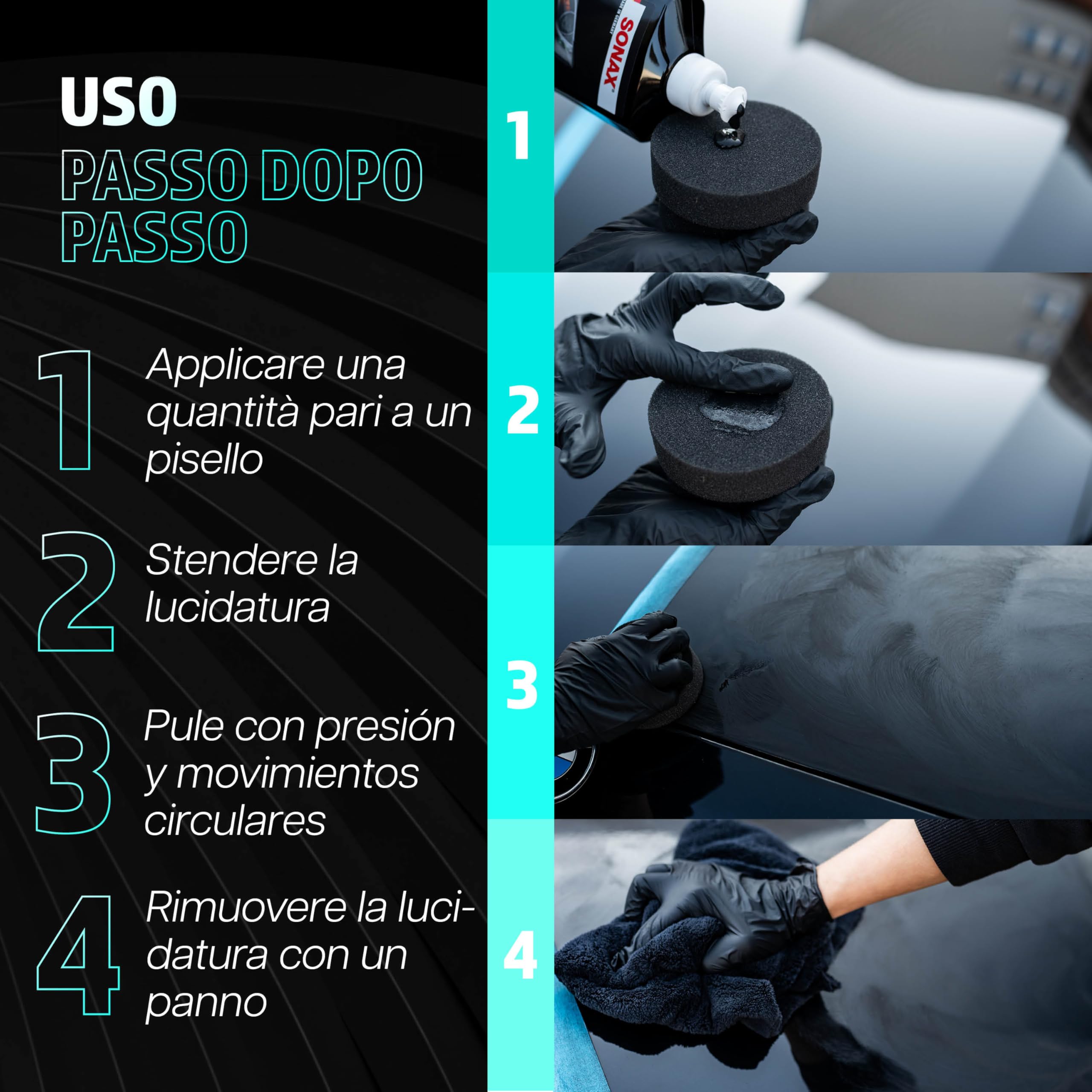Set di lucidatura per auto | Sonax Polish & Wax Color Nero 250ml Lucidante per auto + Spugna per lucidatura + Panno lucidante | Pasta lucidante per vernici metallizzate scure per rimuovere piccoli