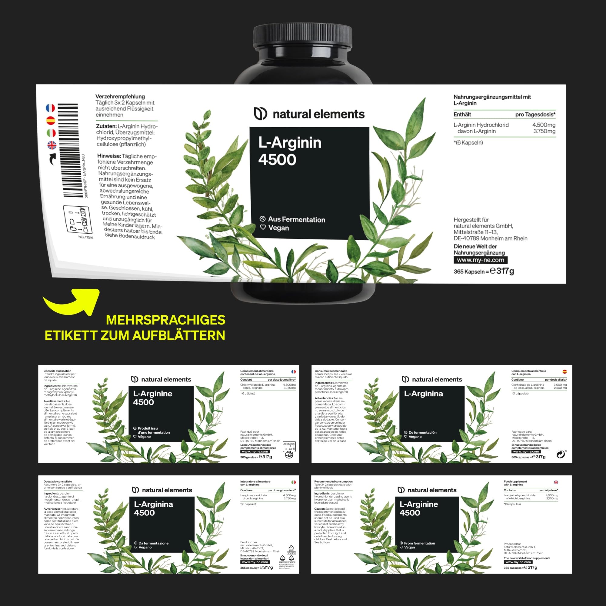 natural elements L-Arginin – 365 Kapseln – Hochdosiert: 4.500mg veganes L-Arginin HCL pro Tagesdosis (3.750mg reines L-Arginin) – hochdosiert – in Deutschland hergestellt & laborgeprüft