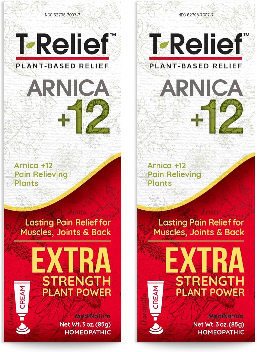 MediNatura T-Relief Extra Strength Cream Arnica +12 Natural Relieving Actives for Back Pain Joint Soreness Muscle Aches & Stiffness, Whole Body Fast Acting Relief for Women & Men - 3 oz (2 Pack)