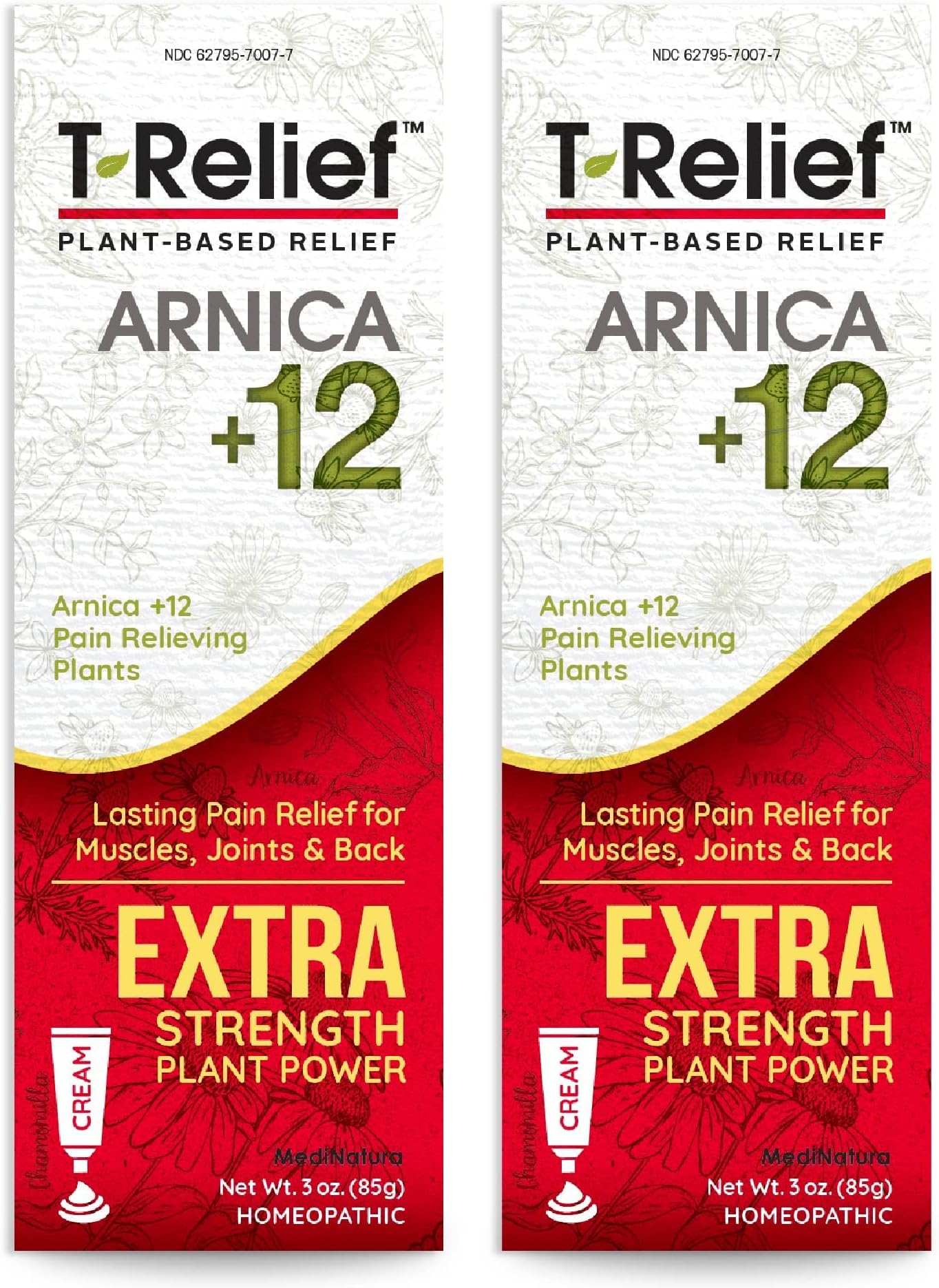 - MediNatura T-Relief Extra Strength Cream Arnica +12 Natural Relieving Actives for Back Pain Joint Soreness Muscle Aches & Stiffness, Whole Body Fast Acting Relief for Women & Men - 3 oz (2 Pack)