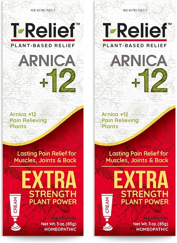 MediNatura T-Relief Arnica +12 Cream, ES Discomfort Relief, 3 oz, 2 Pk | Extra Strength, Lasting Discomfort Relief for Muscles, Joints, and Back, Eases Aches and Stiffness, for Women and Men