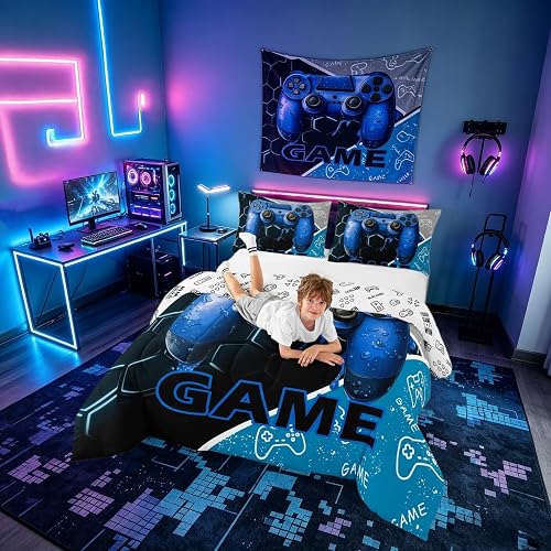 Gaming Boys Kids Comforter Set King Size,Blue Video Game Consoles Gamepad Revers