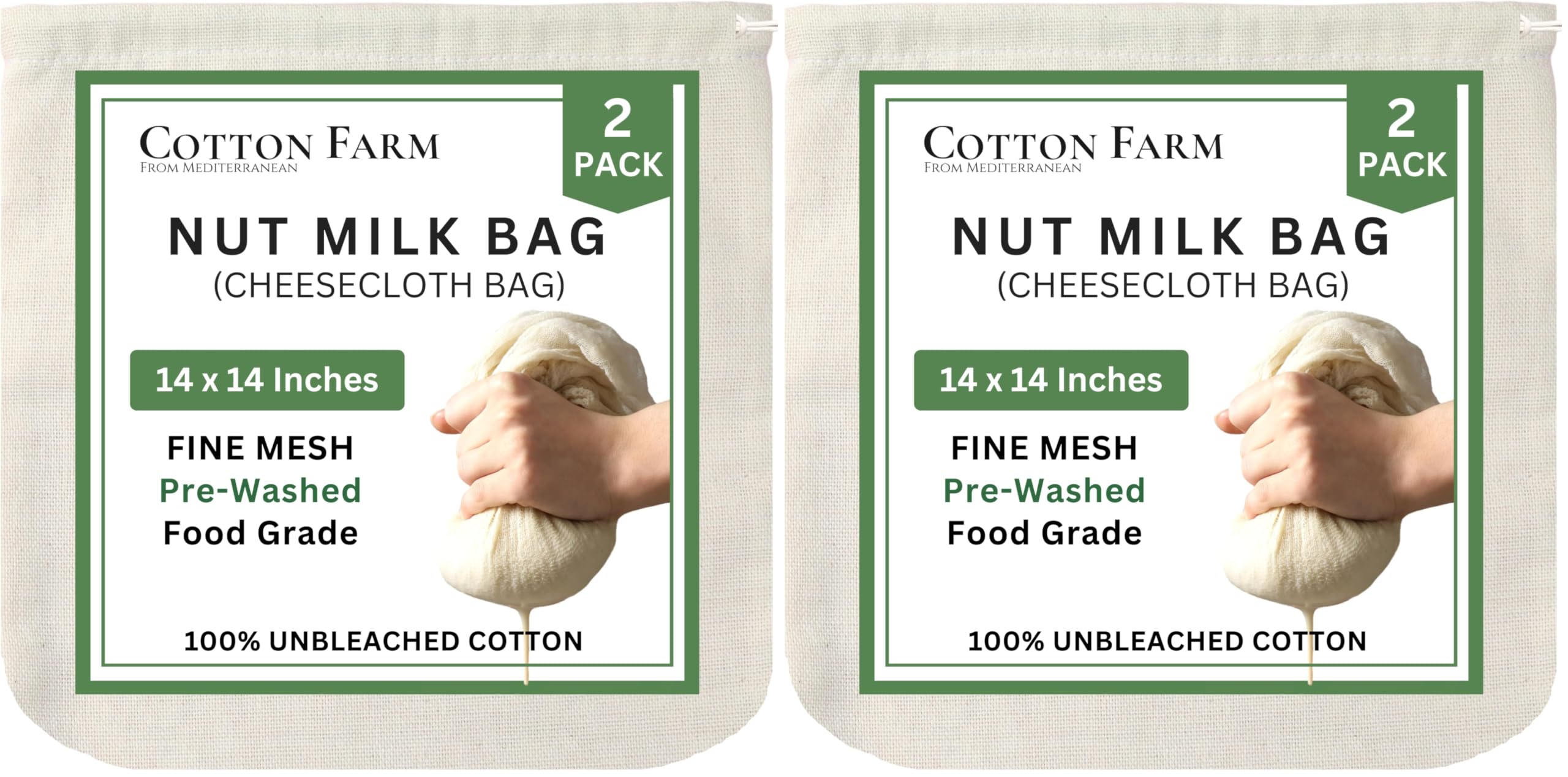 Cotton Farm Nut Milk Bag &amp; Cheese Cloth Bag (Ultra Dense), XL 14 × 14 Inch, 100% Unbleached Cotton Cheesecloth for Precise Food Straining, Washable &amp; Reusable (Pack of 2)
