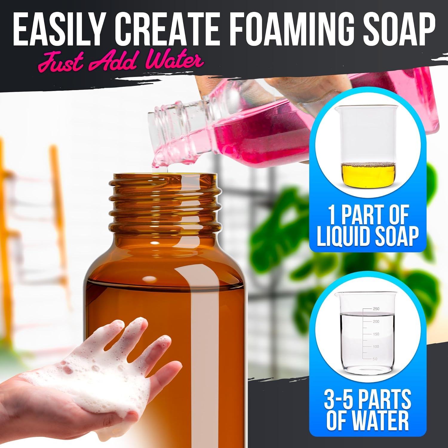 2Pcs Amber Glass Foaming Soap Dispenser - 8.5 oz Amber Glass Soap Dispenser with Pump, Compatible with Hand Soap, Dish Soap, Shampoo and Gel, Durable, Stylish & Refillable, Great as Valentine Day Gift - Image 5