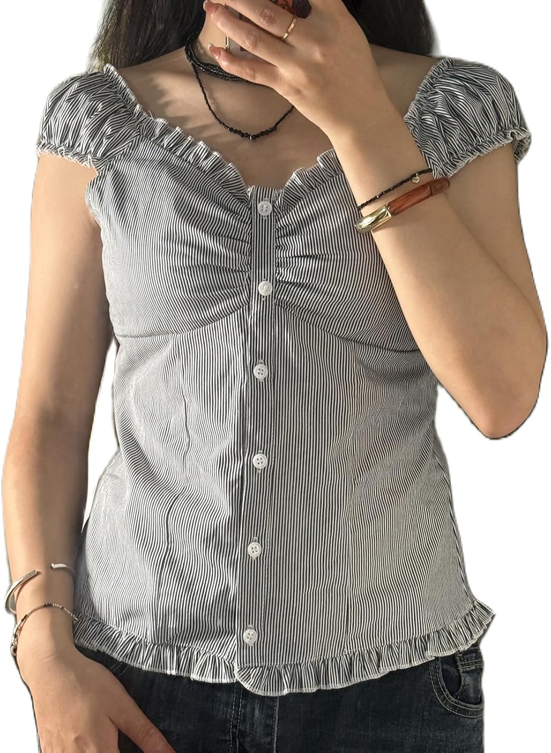 Womens Y2k Fairy Grunge Shirts Cap Sleeve Scoop Neck Button-up Blouse Ruffle Hem Babydoll Tops Coquette Clothes