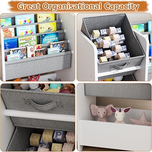 Miniatura 3 de Estantería infantil y organizador de almacenamiento de juguetes, estantería Montessori de madera con contenedores de tela para niños pequeños,