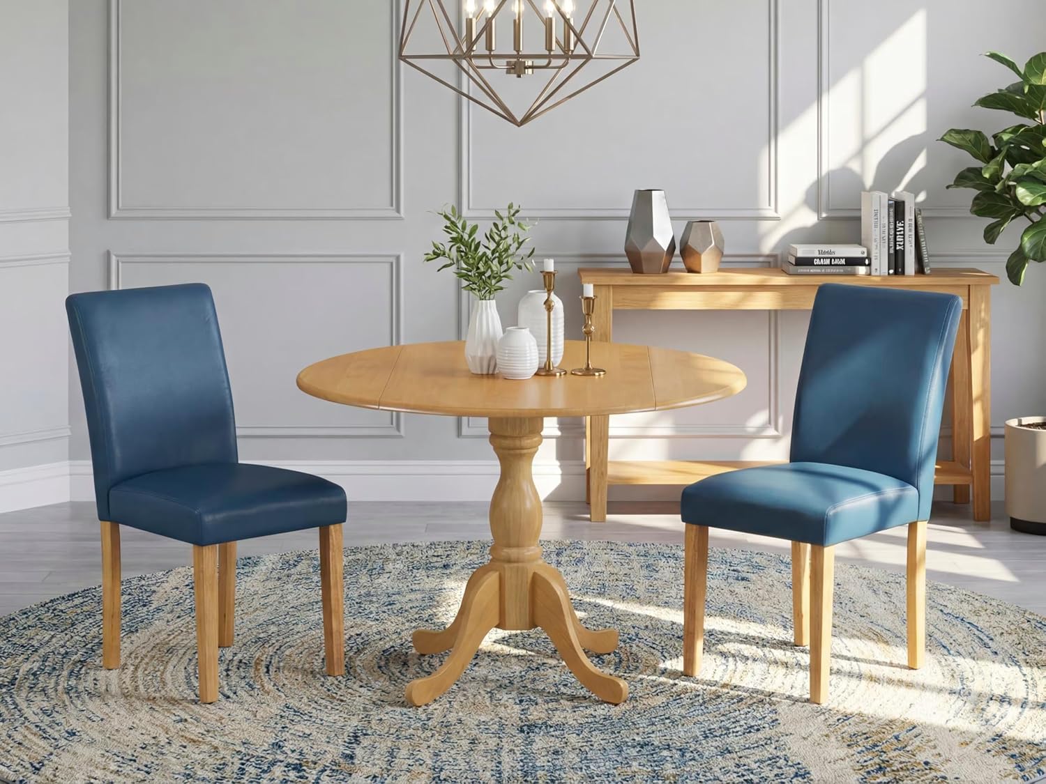 East West Furniture DMAB3-OAK-55 3 Piece Dining Table Set Contains a Round Dining Room Table with Dropleaf and 2 Oasis Blue Faux Leather Parsons Chairs, 42x42 Inch, Oak